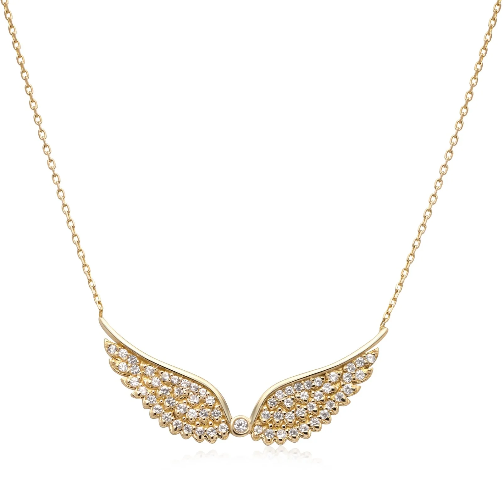 Yellow Gold Sapphire Pave Studded Angel Wing Necklace