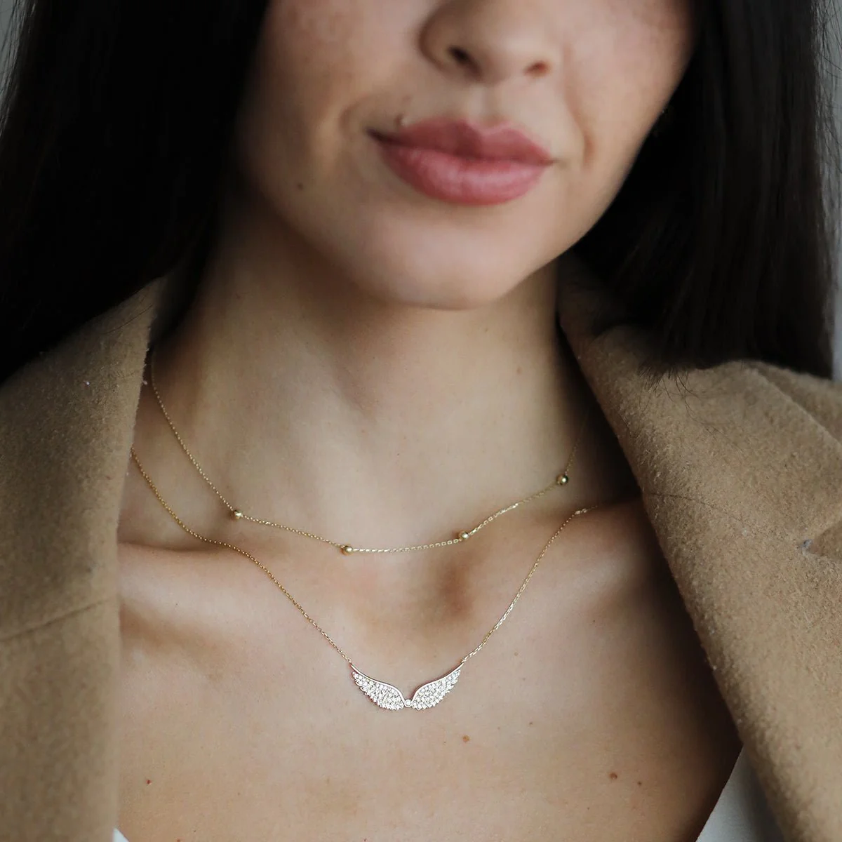 Yellow Gold Sapphire Pave Studded Angel Wing Necklace - Image 3