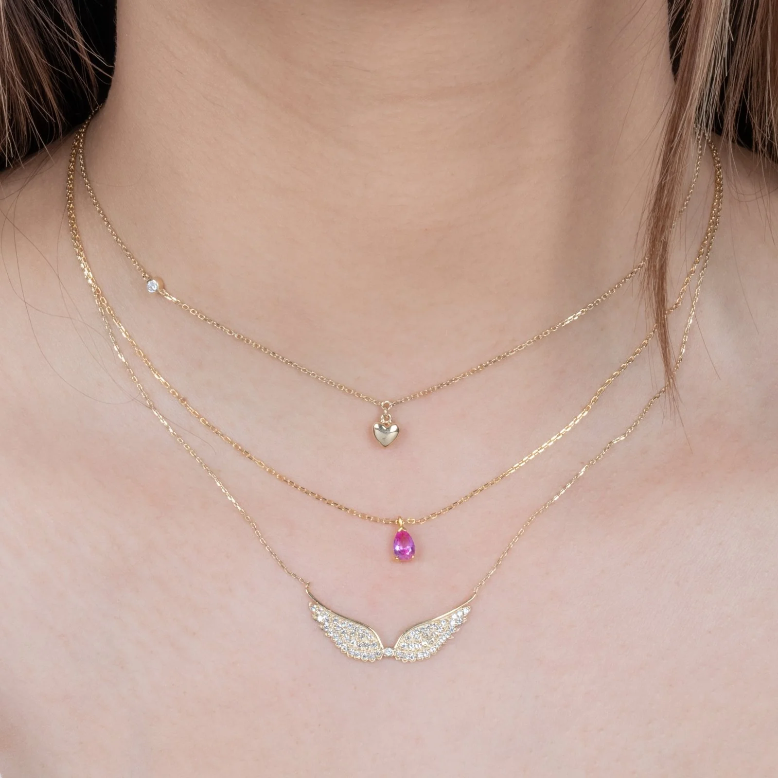 Yellow Gold Sapphire Pave Studded Angel Wing Necklace - Image 4