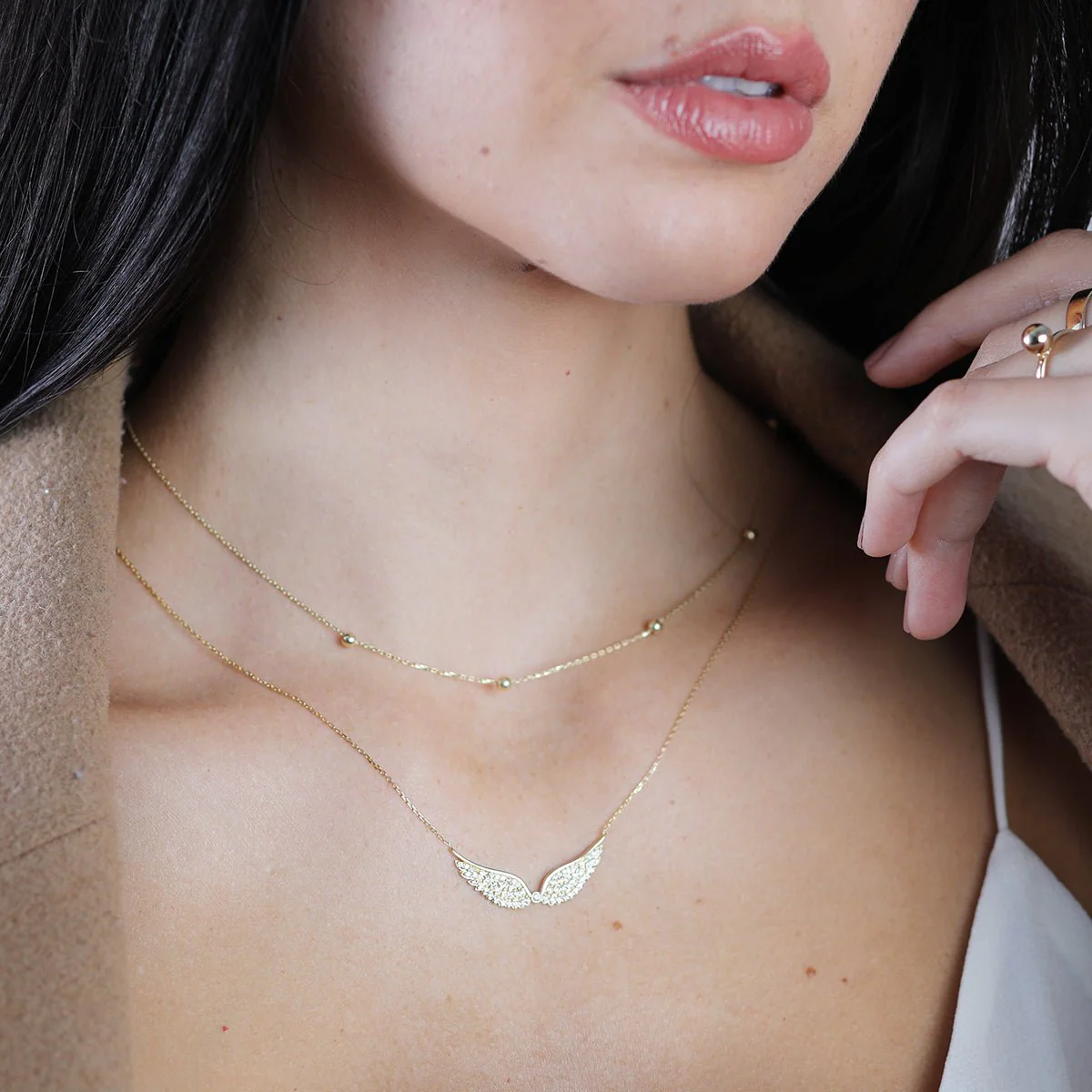 Yellow Gold Sapphire Pave Studded Angel Wing Necklace - Image 5
