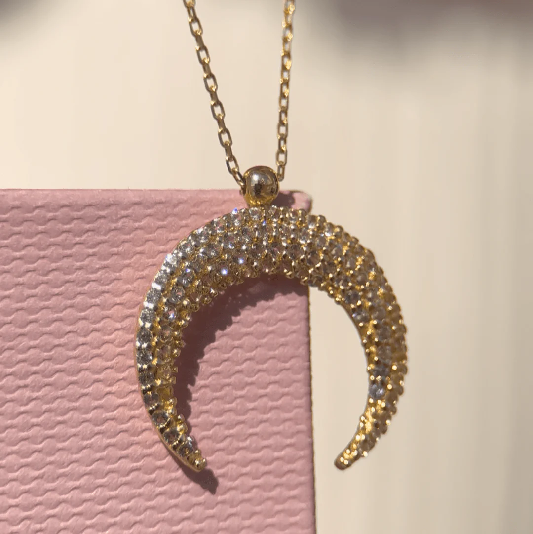 Yellow Gold Sapphire Crescent Moon Necklace - Image 2