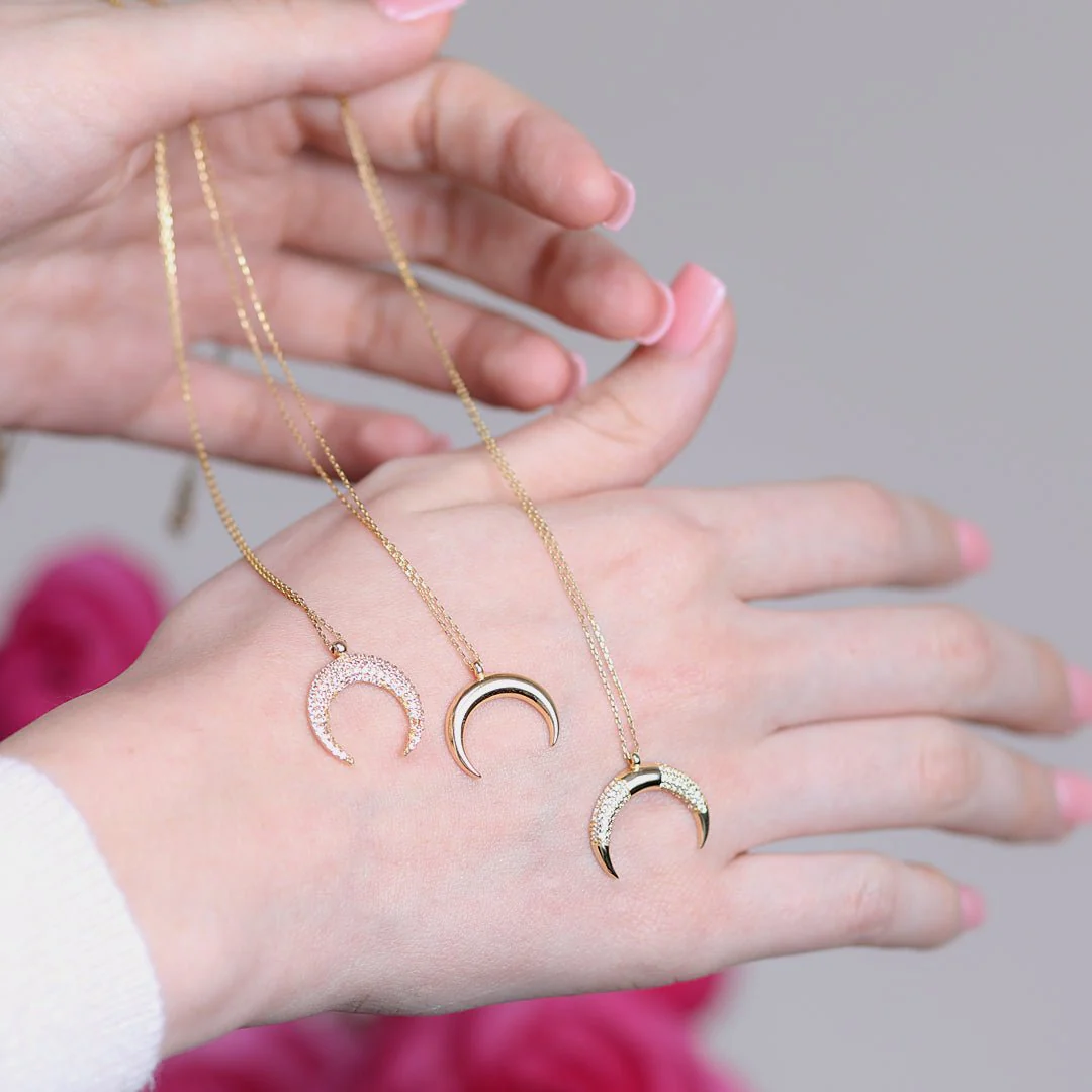 Yellow Gold Crescent Moon Sapphire Necklace - Image 2