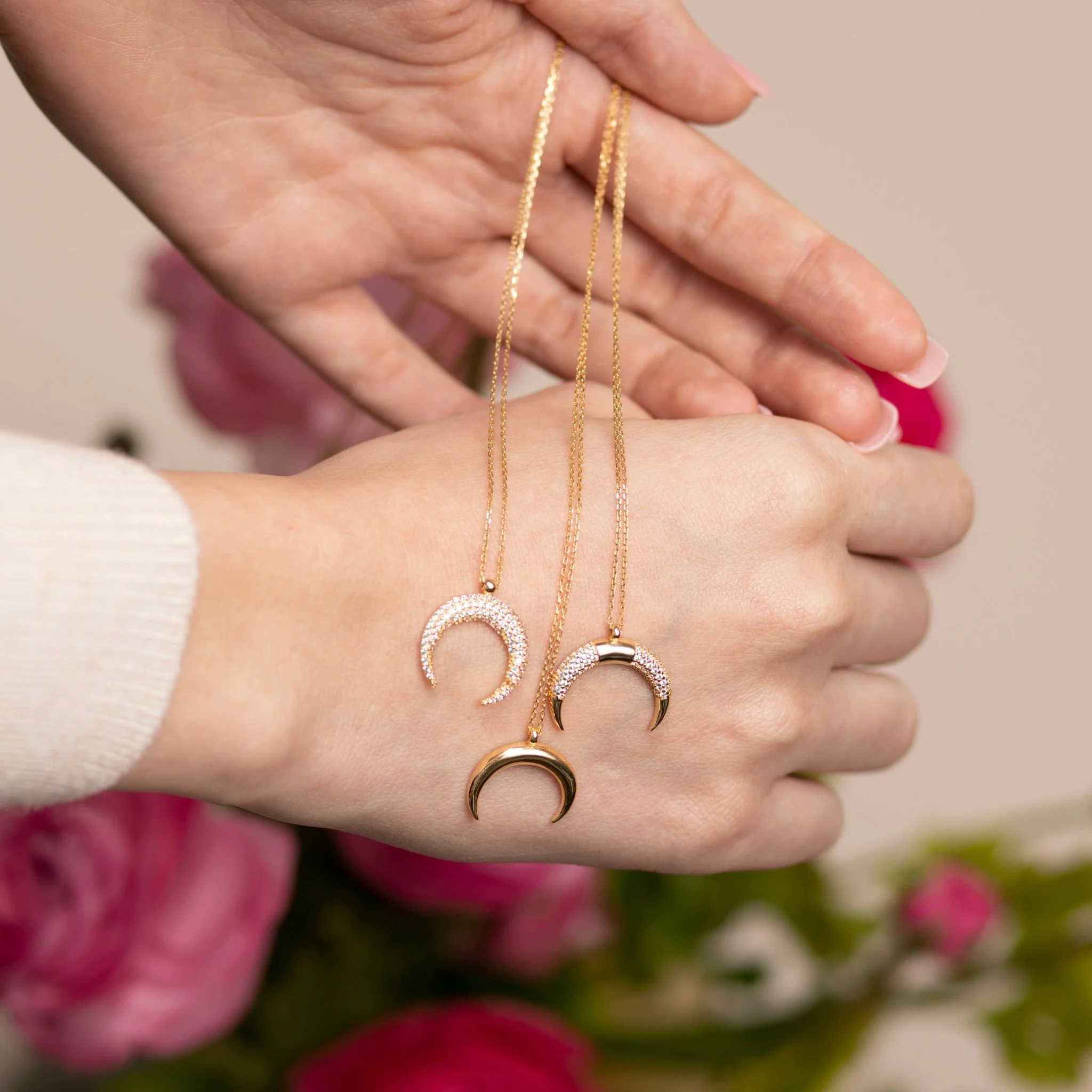Yellow Gold Crescent Moon Sapphire Necklace - Image 5