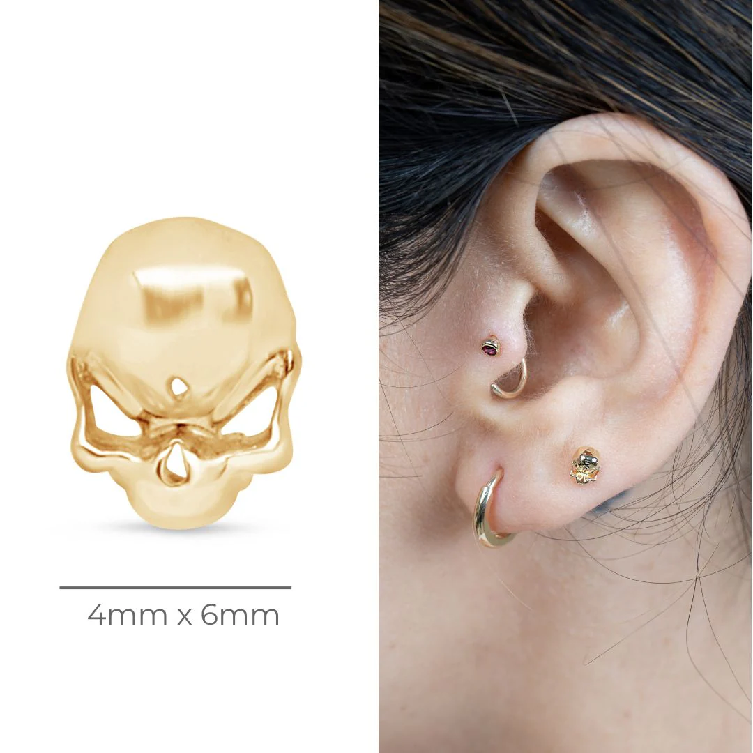 Yellow Gold Skull Flat Back Threaded Stud Earring - Image 7