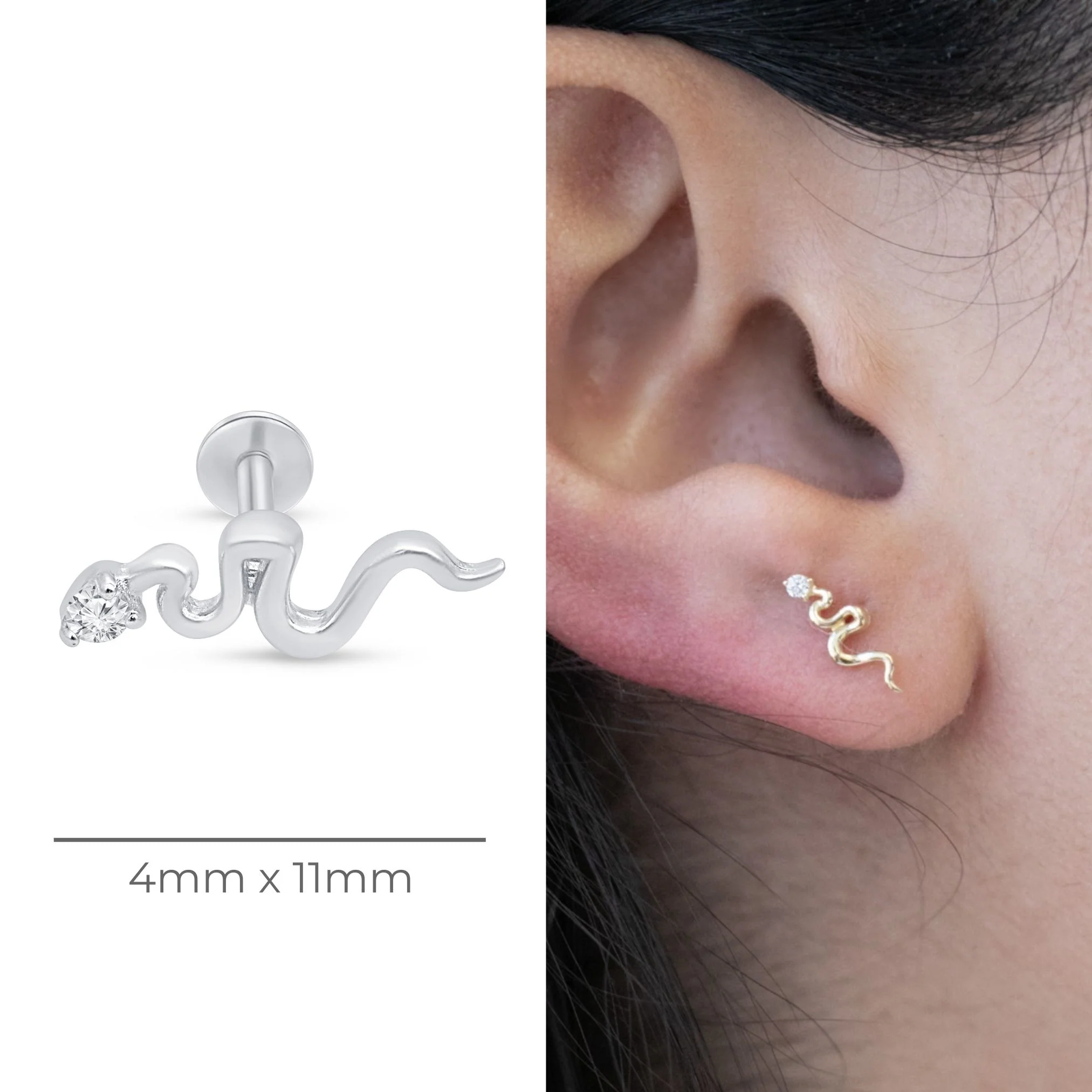 White Gold Snake Stone Flat Back Stud Earring - Image 3