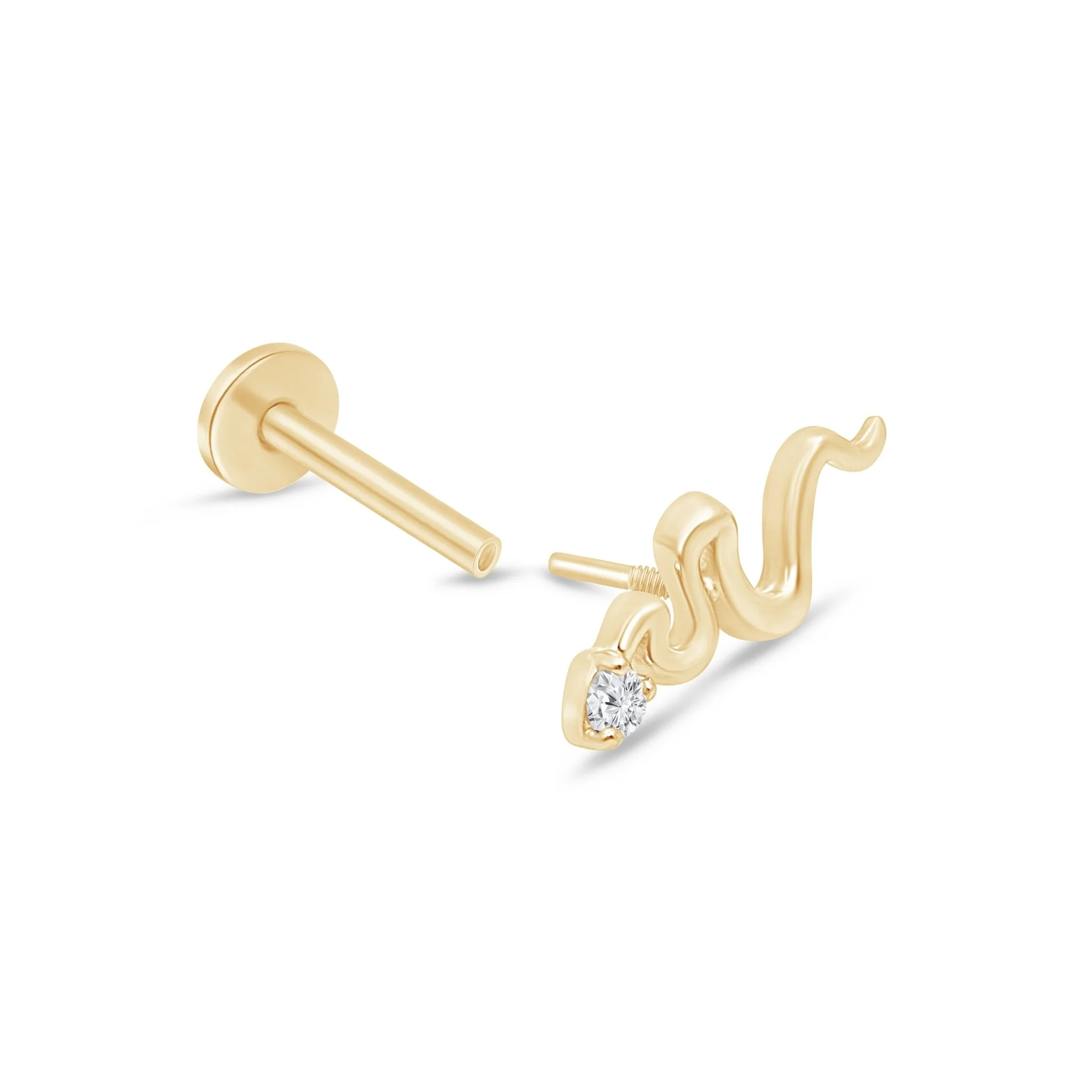 Yellow Gold Snake Stone Flat Back Threaded Stud Earring - Image 6