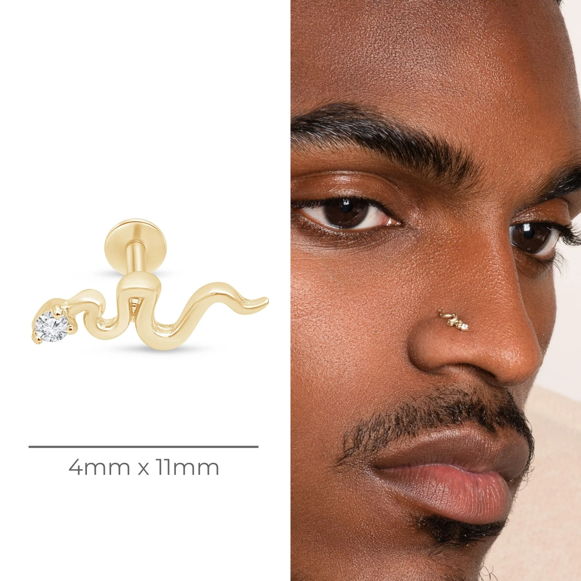 Yellow Gold Snake Stone Flat Back Threaded Stud Earring - Image 9
