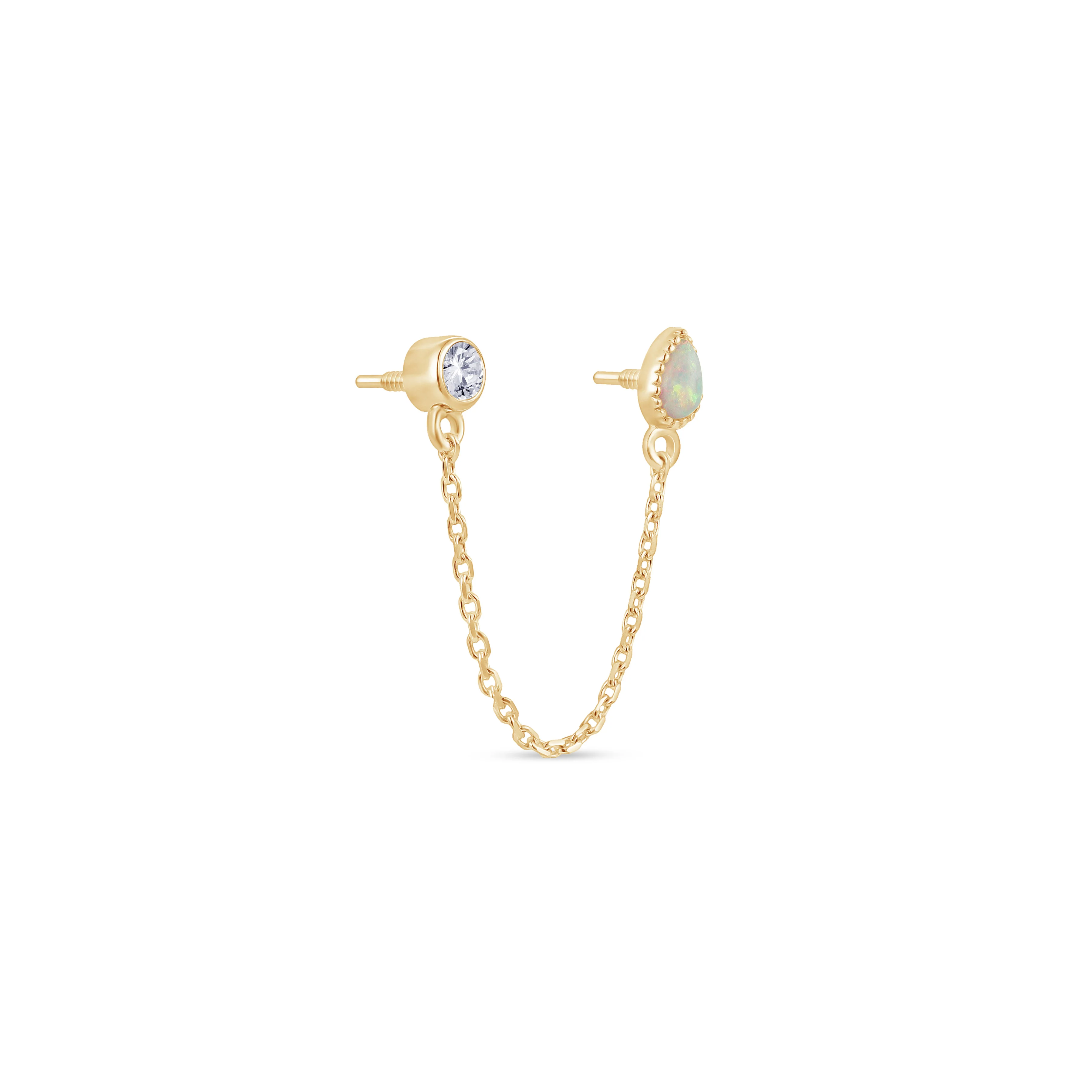 Yellow Gold Opal Stone Double Chain Flat Back Earring - Image 10
