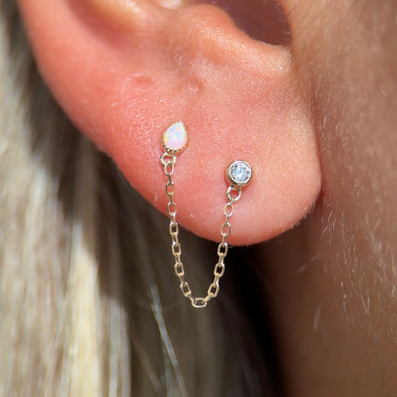 Yellow Gold Opal Stone Double Chain Flat Back Earring - Image 2