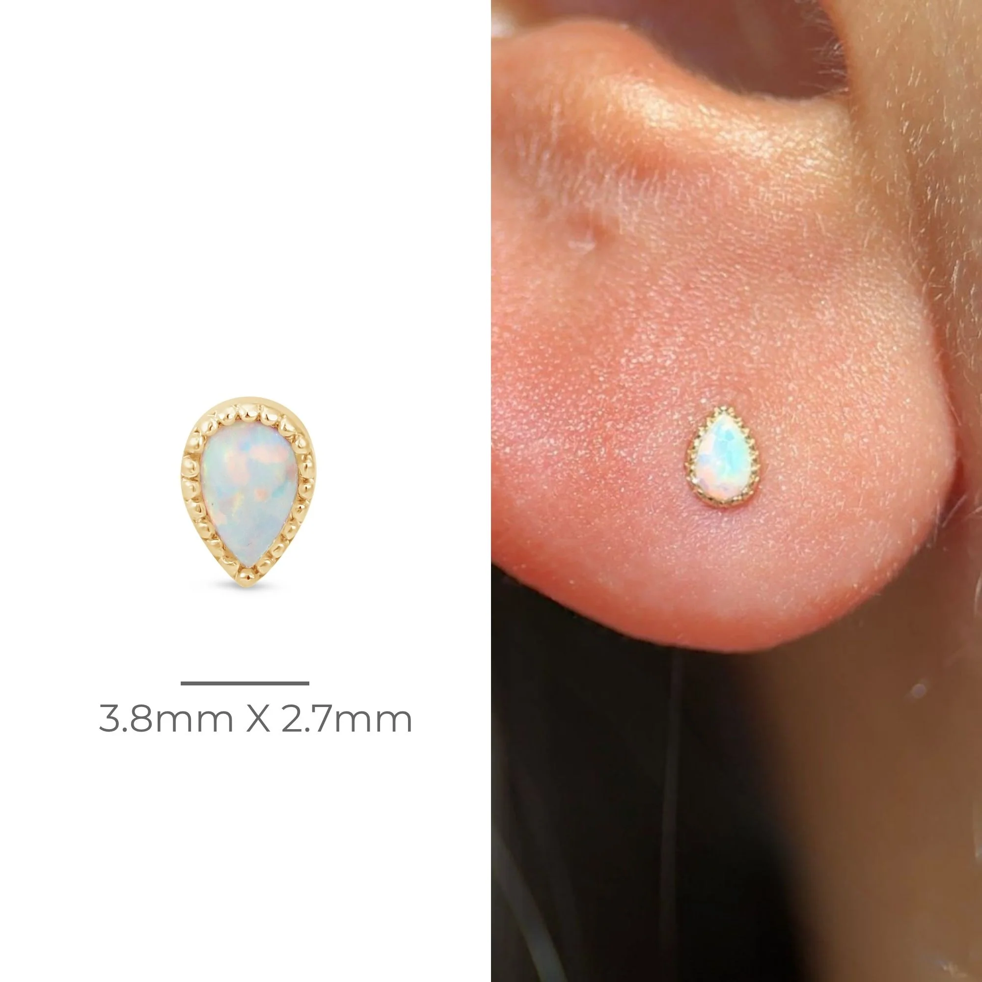 Yellow Gold Teardrop Opal Milgrain Flat Back Earring - Image 10