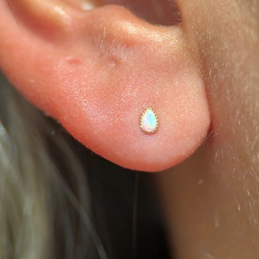 Yellow Gold Teardrop Opal Milgrain Flat Back Earring - Image 2