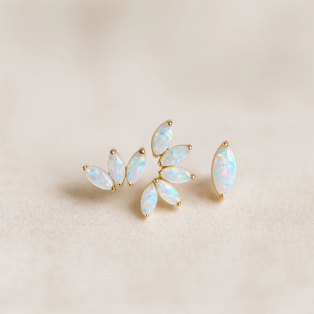 Yellow Gold Triple Marquise Opal Flat Back Earring - Image 3