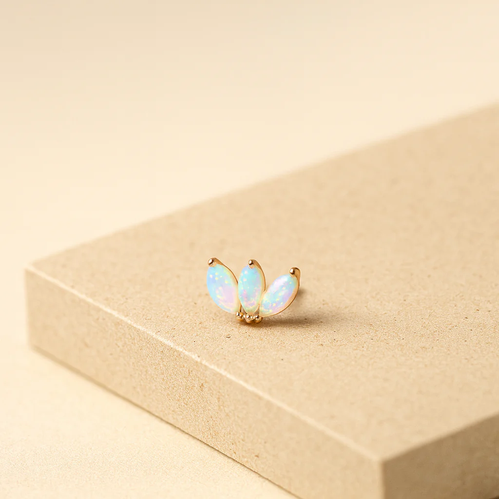 Yellow Gold Triple Marquise Opal Flat Back Earring - Image 6