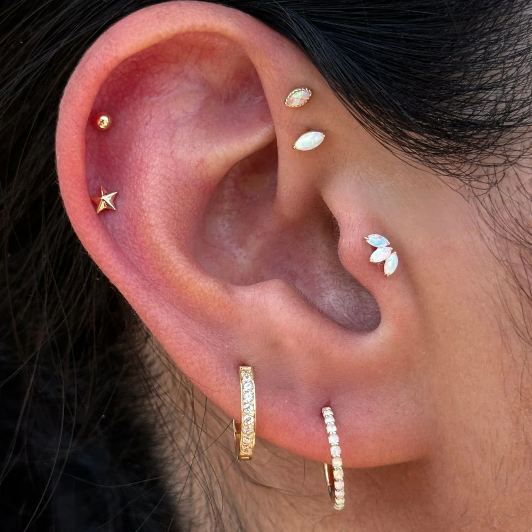 Yellow Gold Triple Marquise Opal Flat Back Earring - Image 8