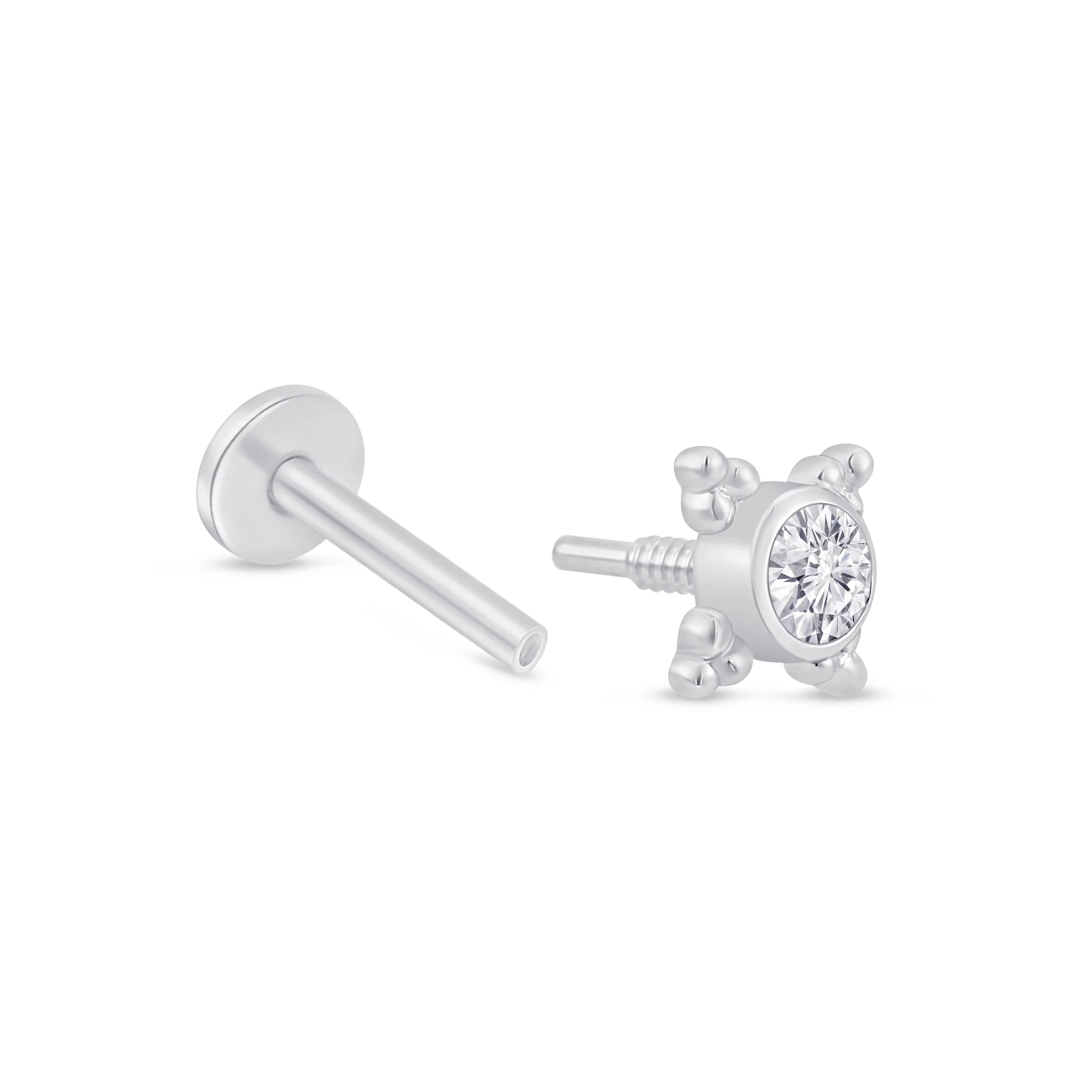 White Gold Beaded Flat Back Stone Stud Earring - Image 7