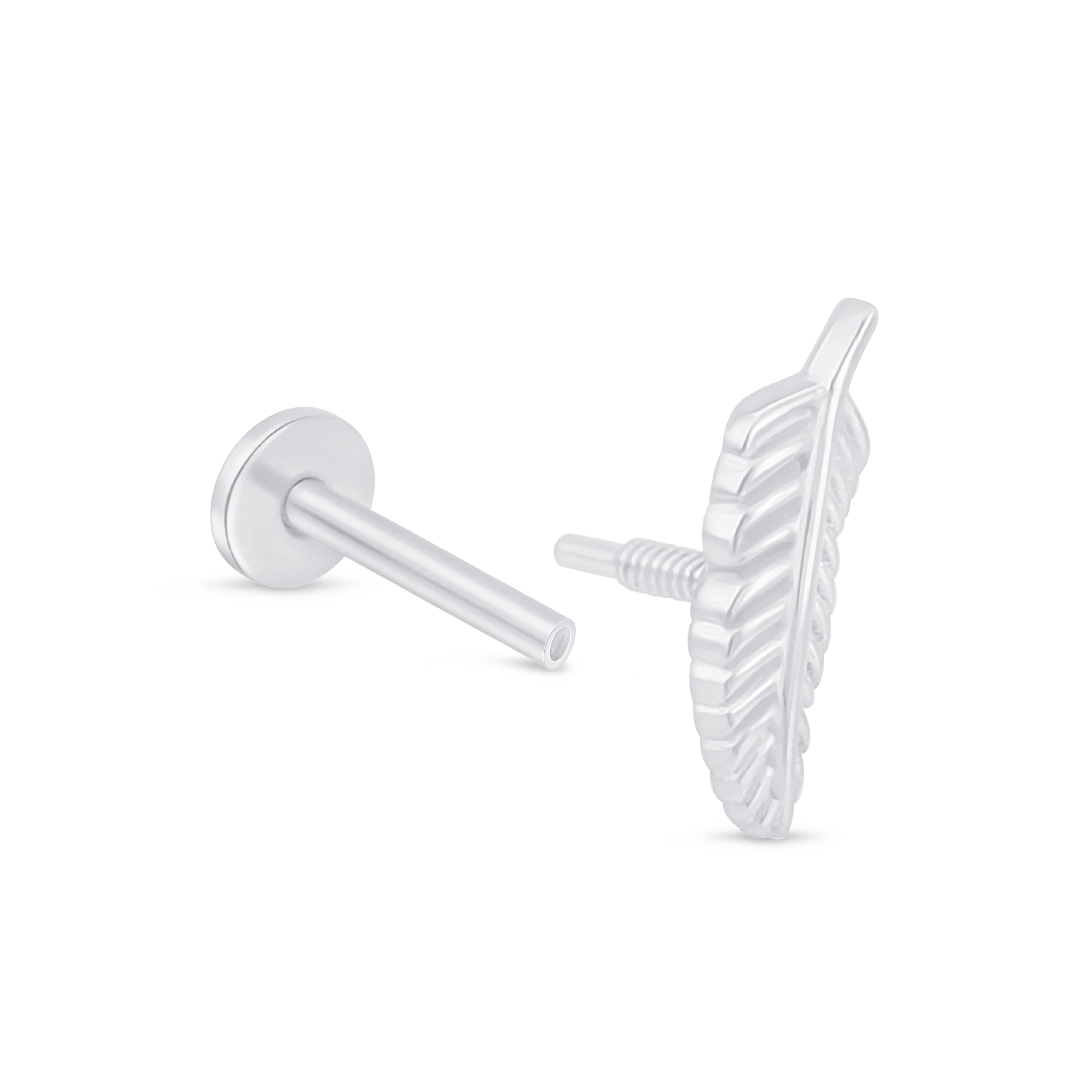 White Gold Feather Flat Back Threaded Stud Earring - Image 6