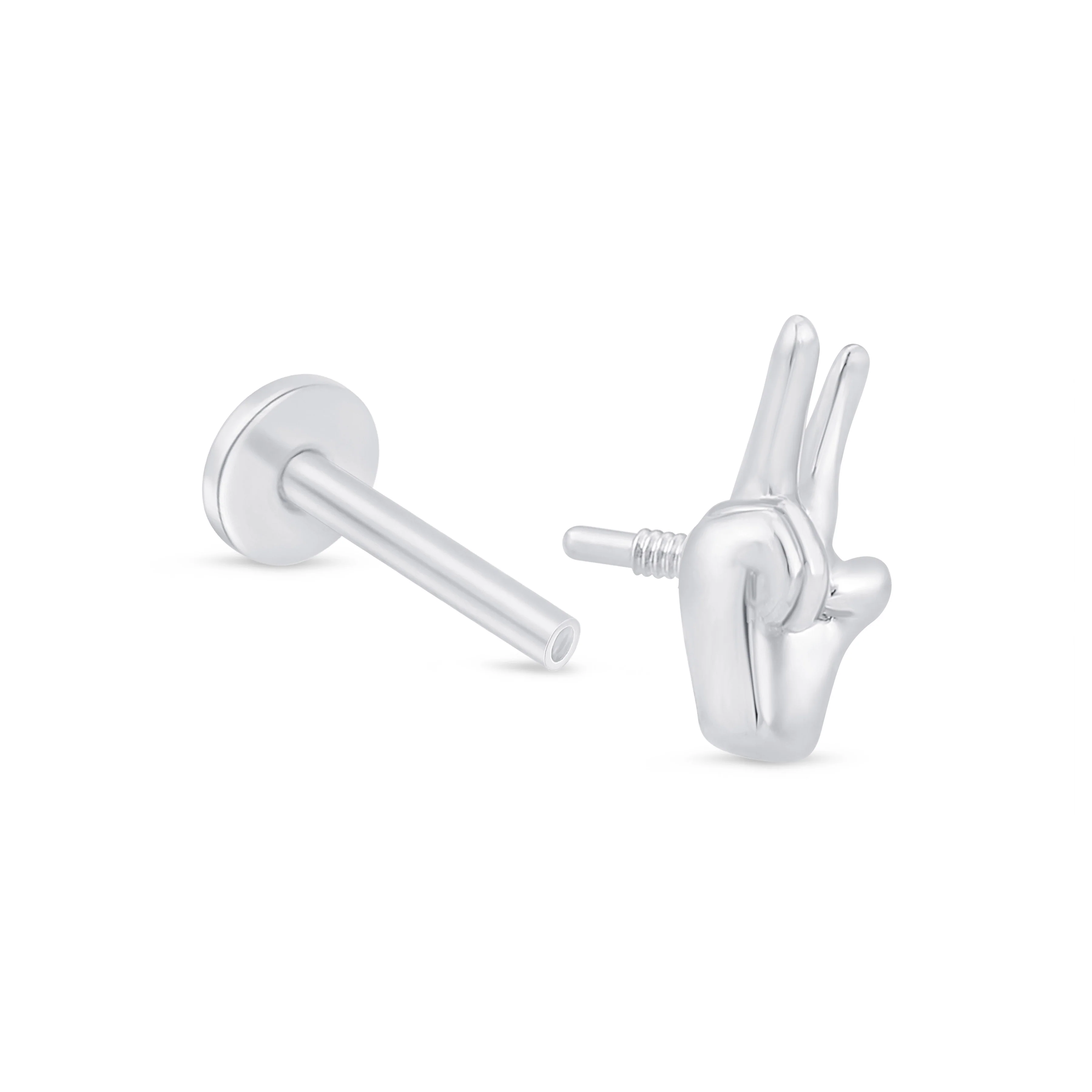 White Gold Peace Sign Flat Back Threaded Stud Earring - Image 6