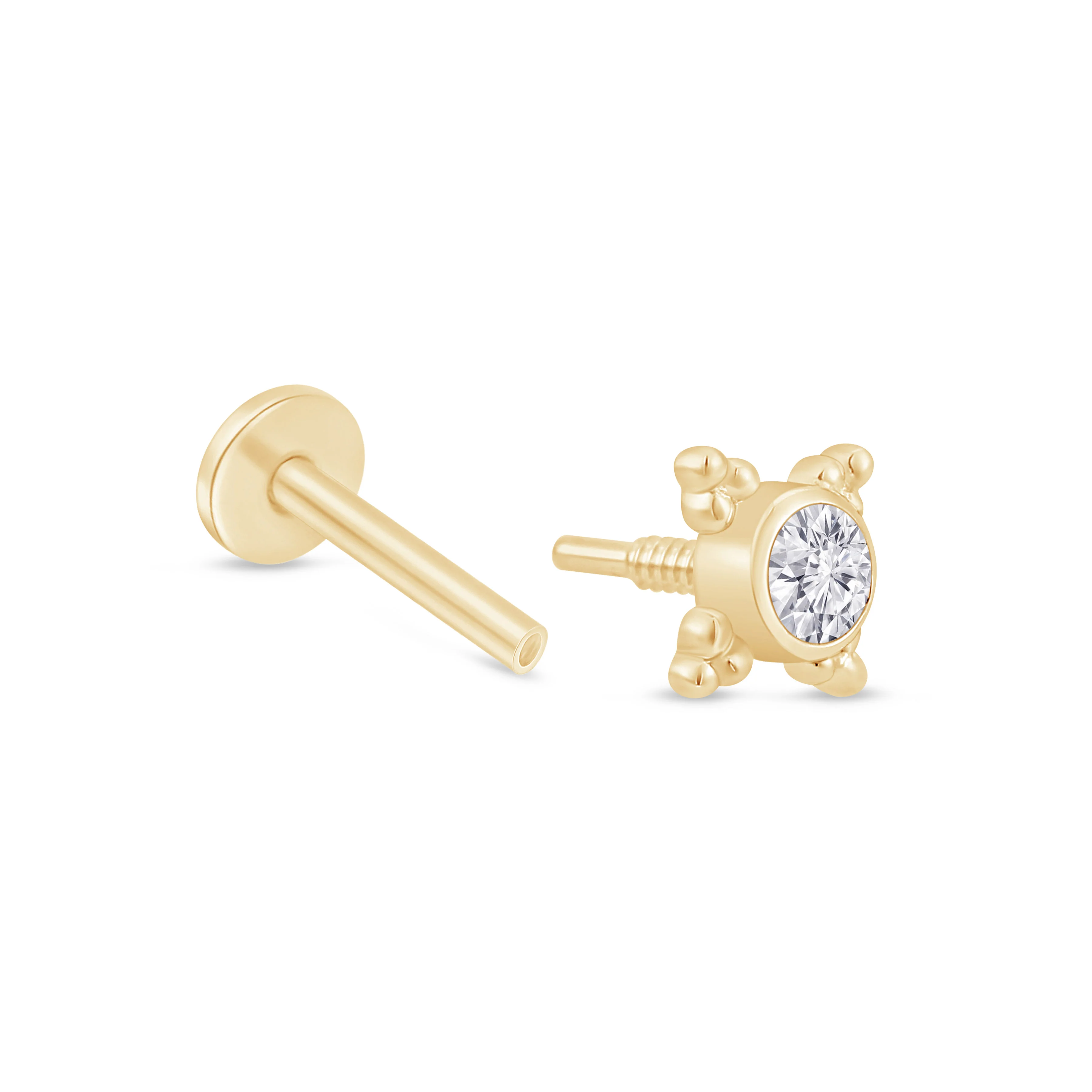 Yellow Gold Beaded Flat Back Stone Stud Earring - Image 8