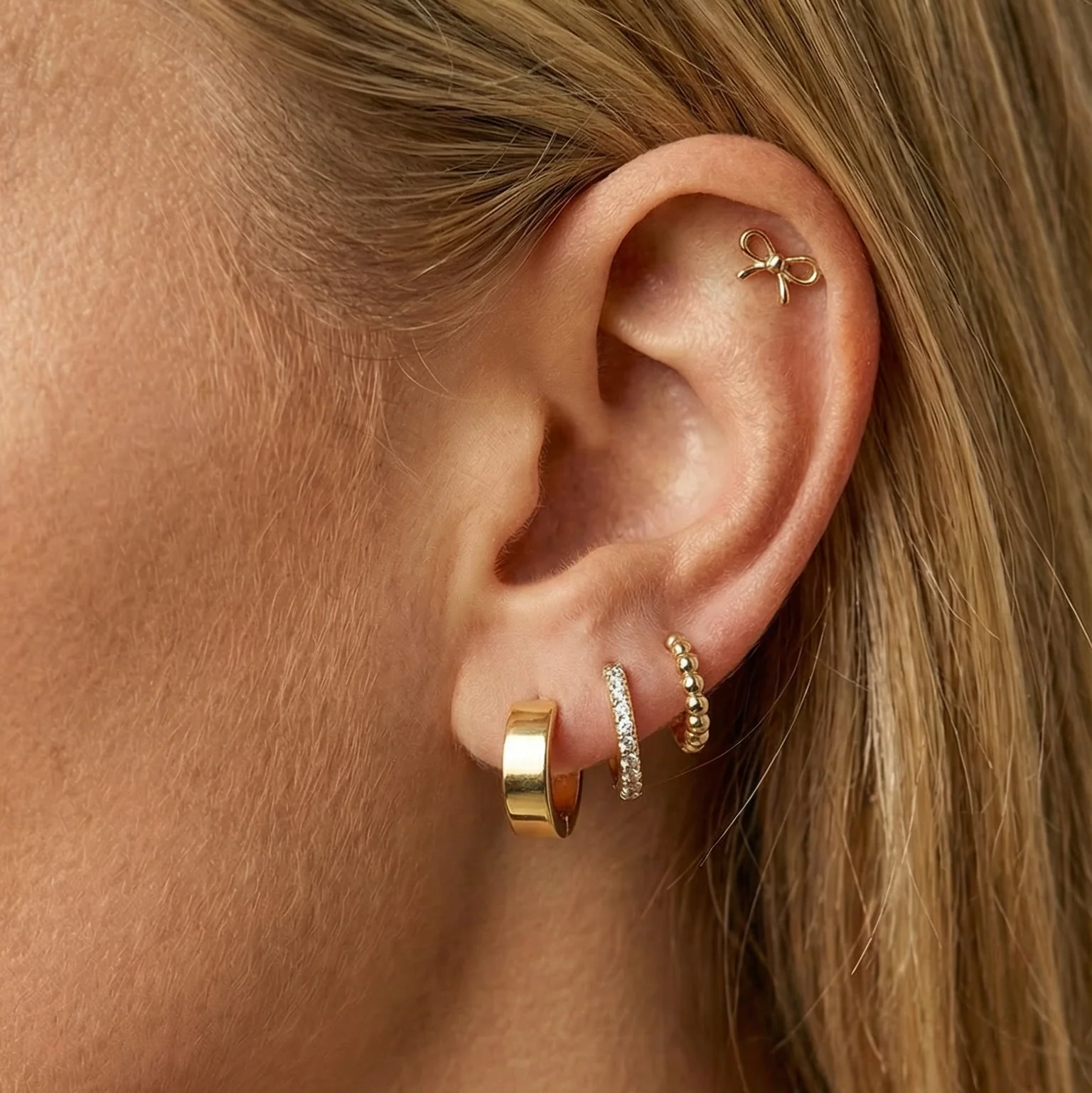 Yellow Gold Bow Knot Flat Back Threaded Stud Earring - Image 2
