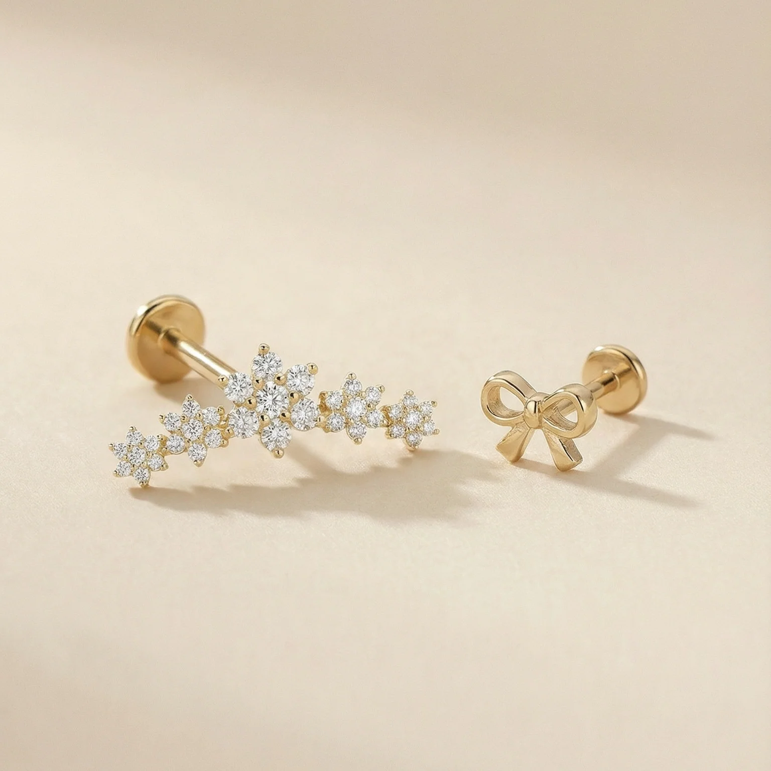 Yellow Gold Bow Knot Flat Back Threaded Stud Earring - Image 6