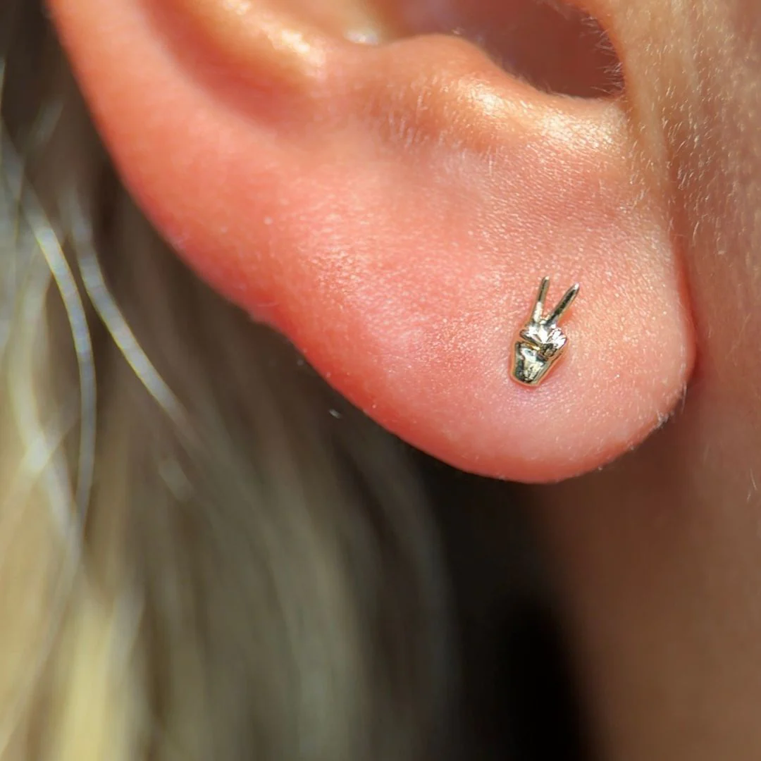 Yellow Gold Peace Sign Flat Back Earring - Image 3