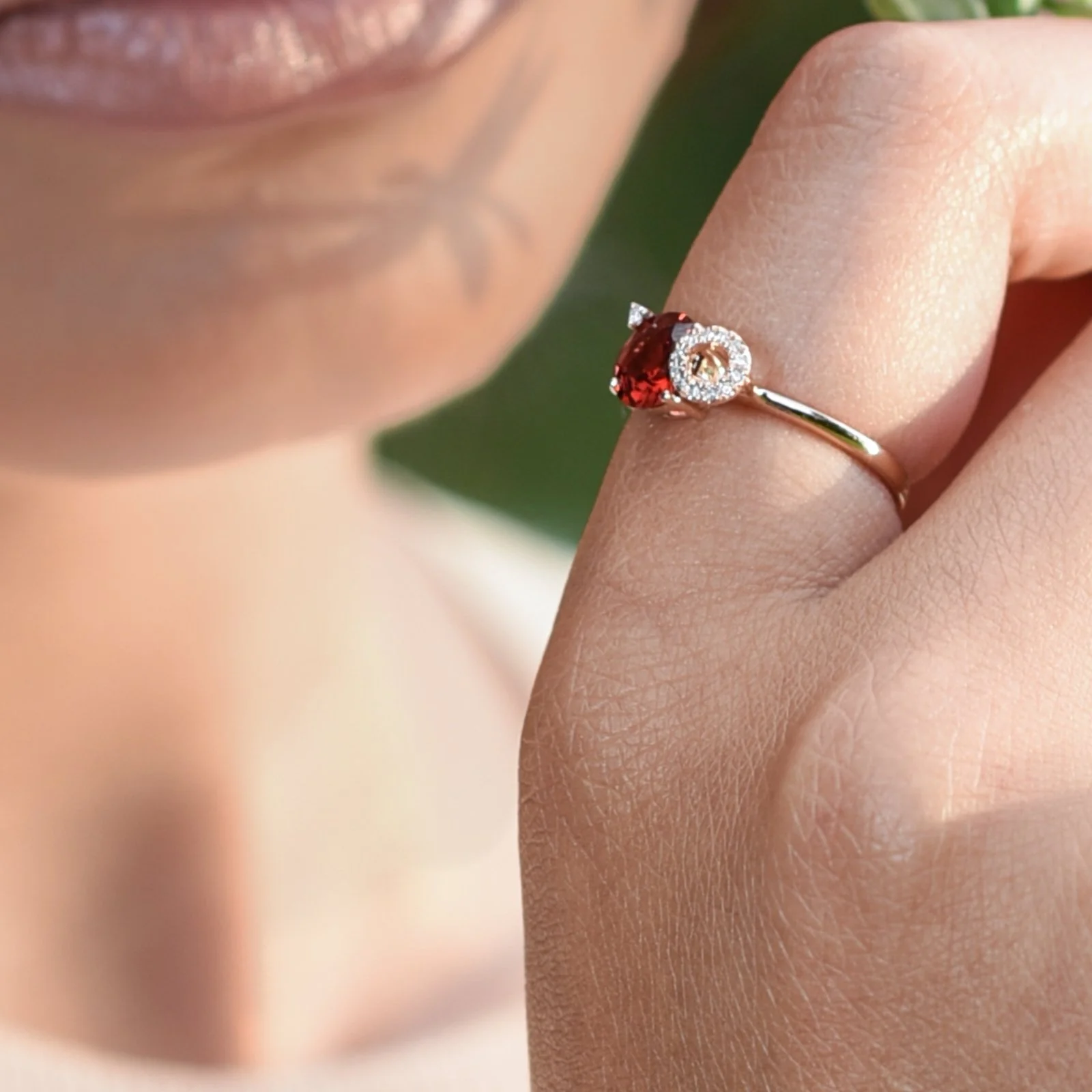 Stacked Diamond and Garnet Solitaire Cocktail Ring in Solid 14k Rose Gold - Image 3