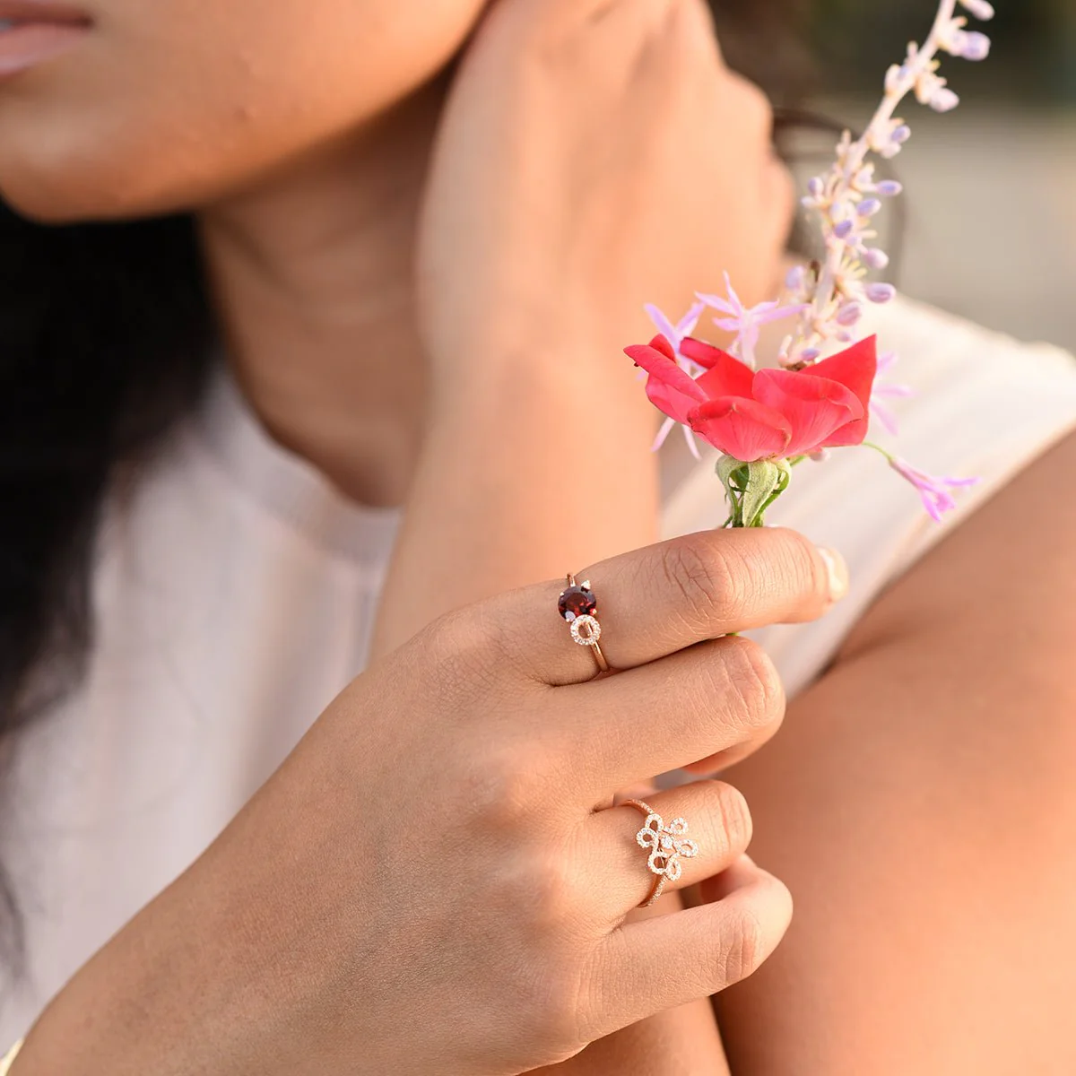 Stacked Diamond and Garnet Solitaire Cocktail Ring in Solid 14k Rose Gold - Image 4