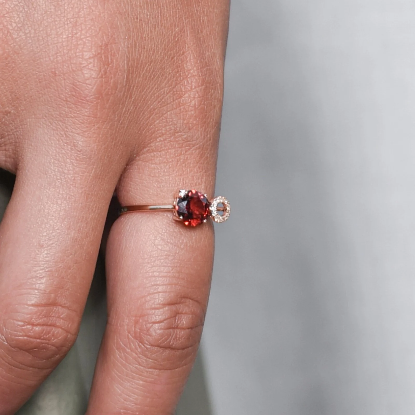 Stacked Diamond and Garnet Solitaire Cocktail Ring in Solid 14k Rose Gold - Image 5