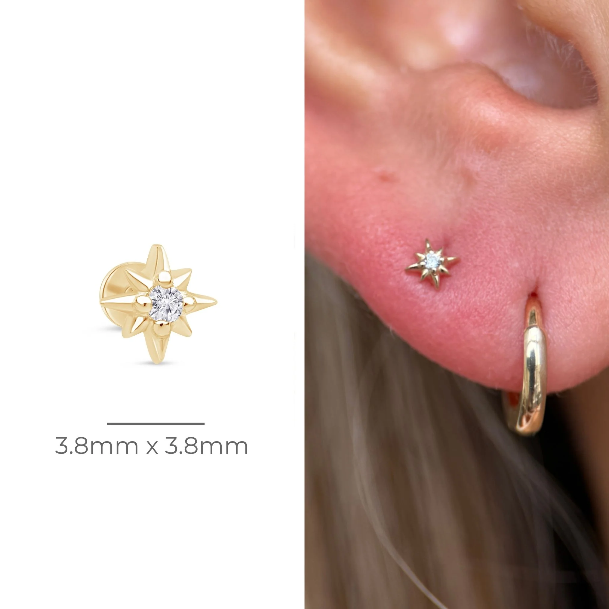 Yellow Gold Starburst Flat Back Threaded Stud Earring - Image 5