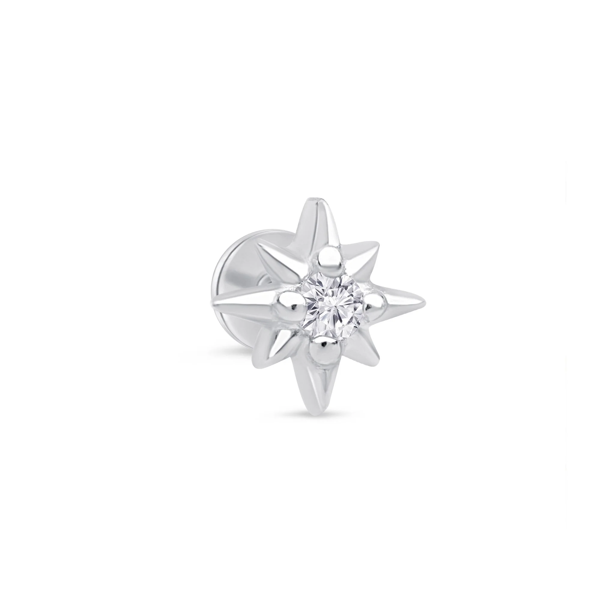 White Gold Starburst Flat Back Threaded Stud Earring