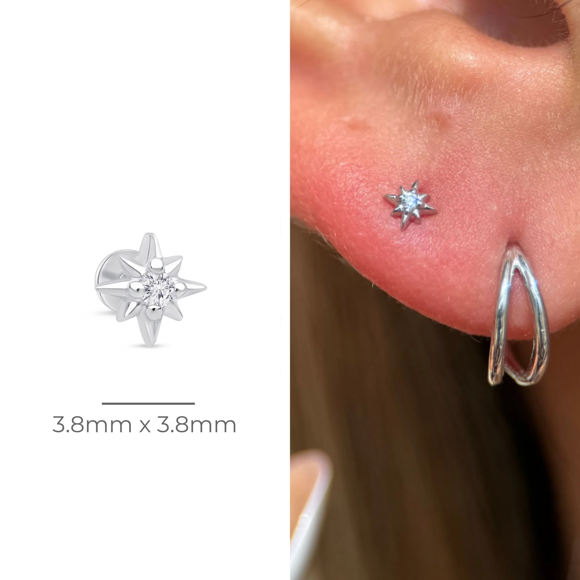 White Gold Starburst Flat Back Threaded Stud Earring - Image 5