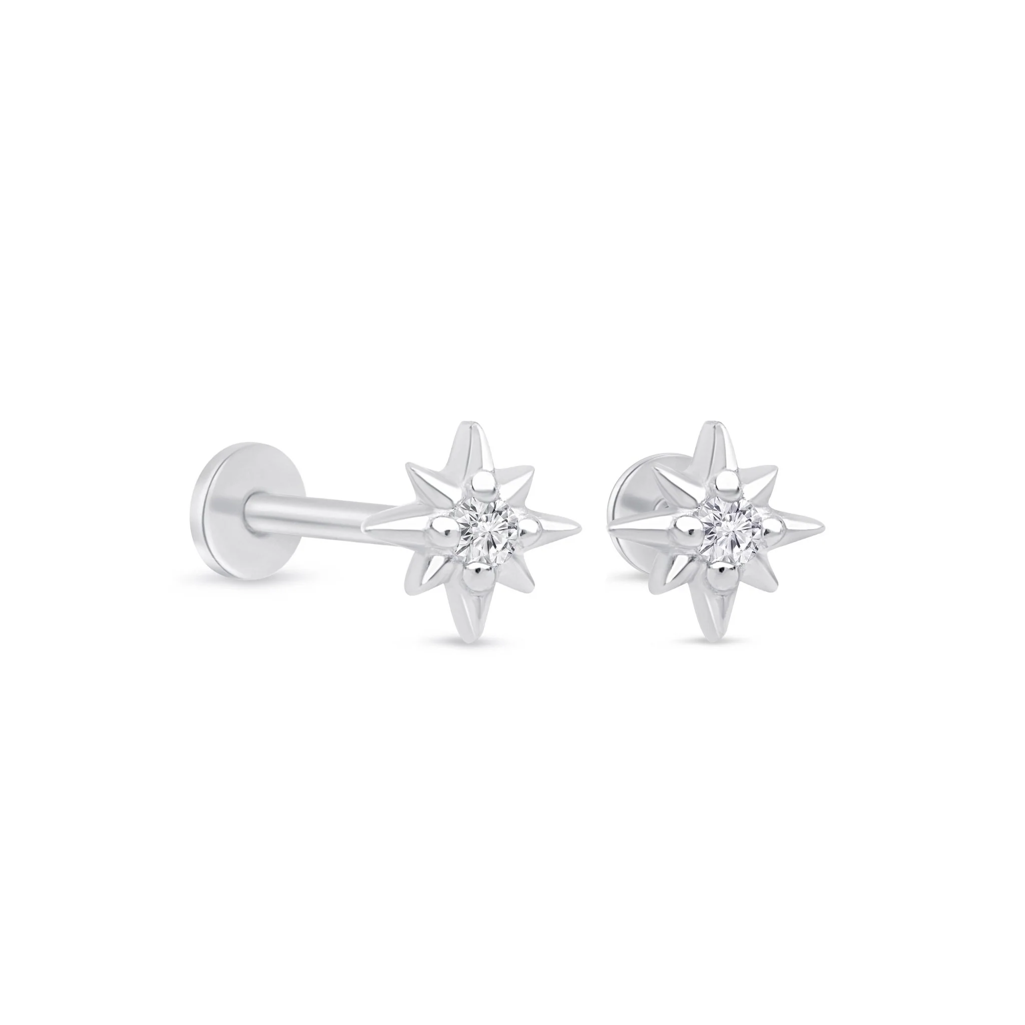 White Gold Starburst Flat Back Threaded Stud Earring - Image 6