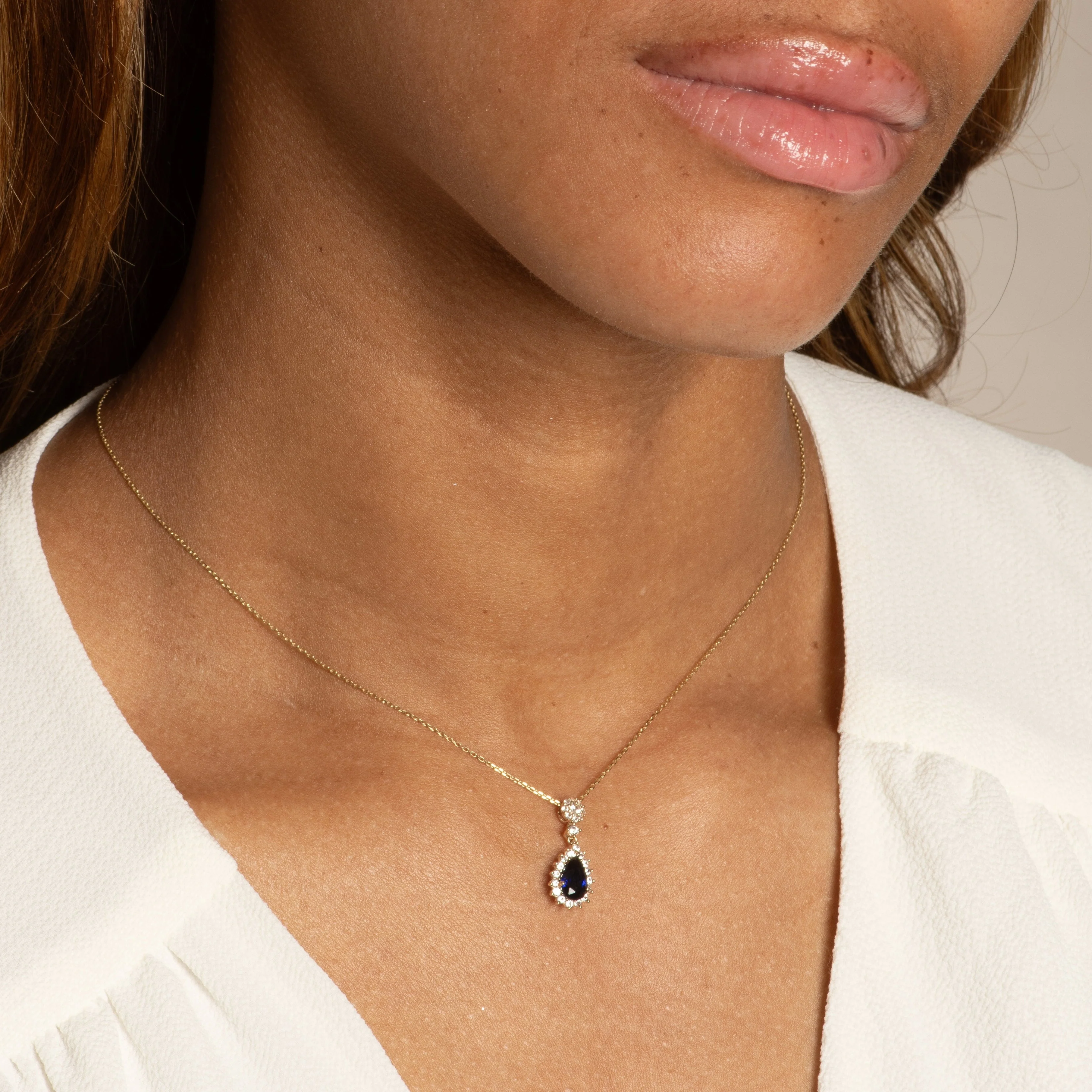 Yellow Gold Teardrop White Sapphire Halo Pendant - Image 3