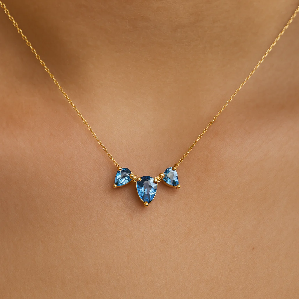 Yellow Gold Teardrop Swiss Blue Topaz Pendant Necklace - Image 2
