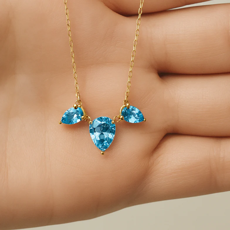 Yellow Gold Teardrop Swiss Blue Topaz Pendant Necklace - Image 4