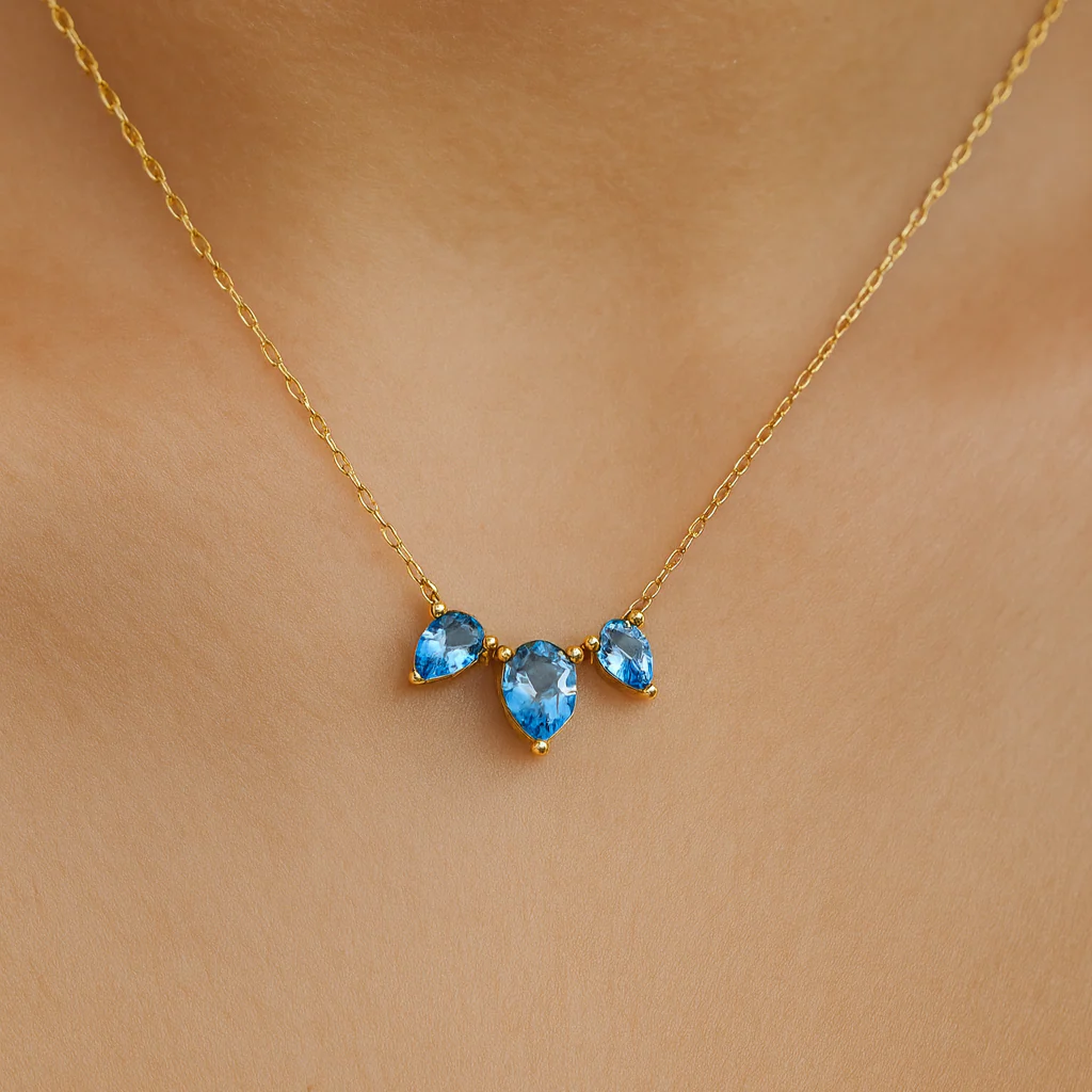 Yellow Gold Teardrop Swiss Blue Topaz Pendant Necklace - Image 5