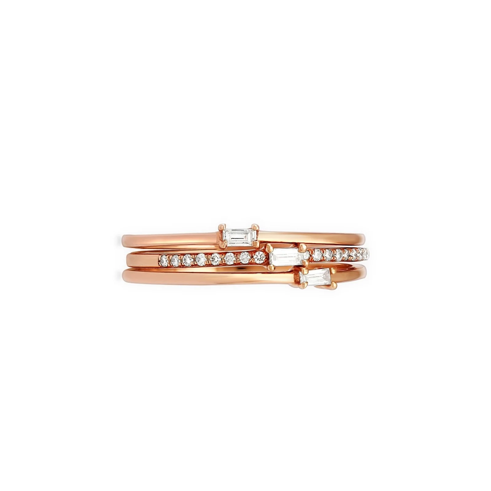Three Band Baguettes and Round Diamond Stacking Rings in Solid 14k Rose Gold