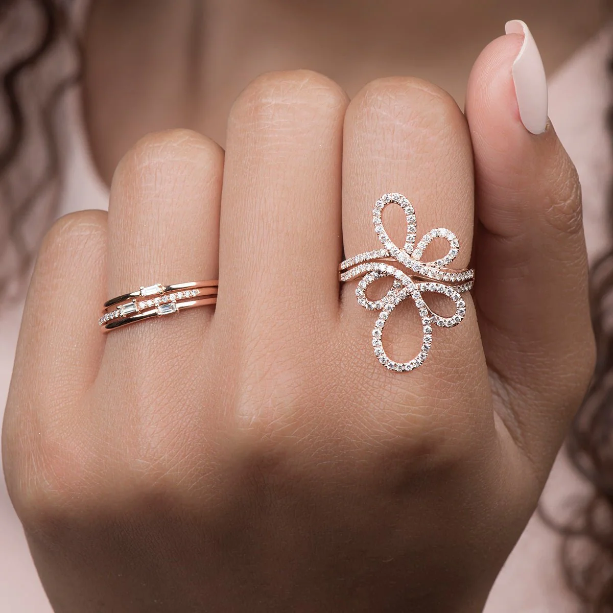 Three Band Baguettes and Round Diamond Stacking Rings in Solid 14k Rose Gold - Image 2