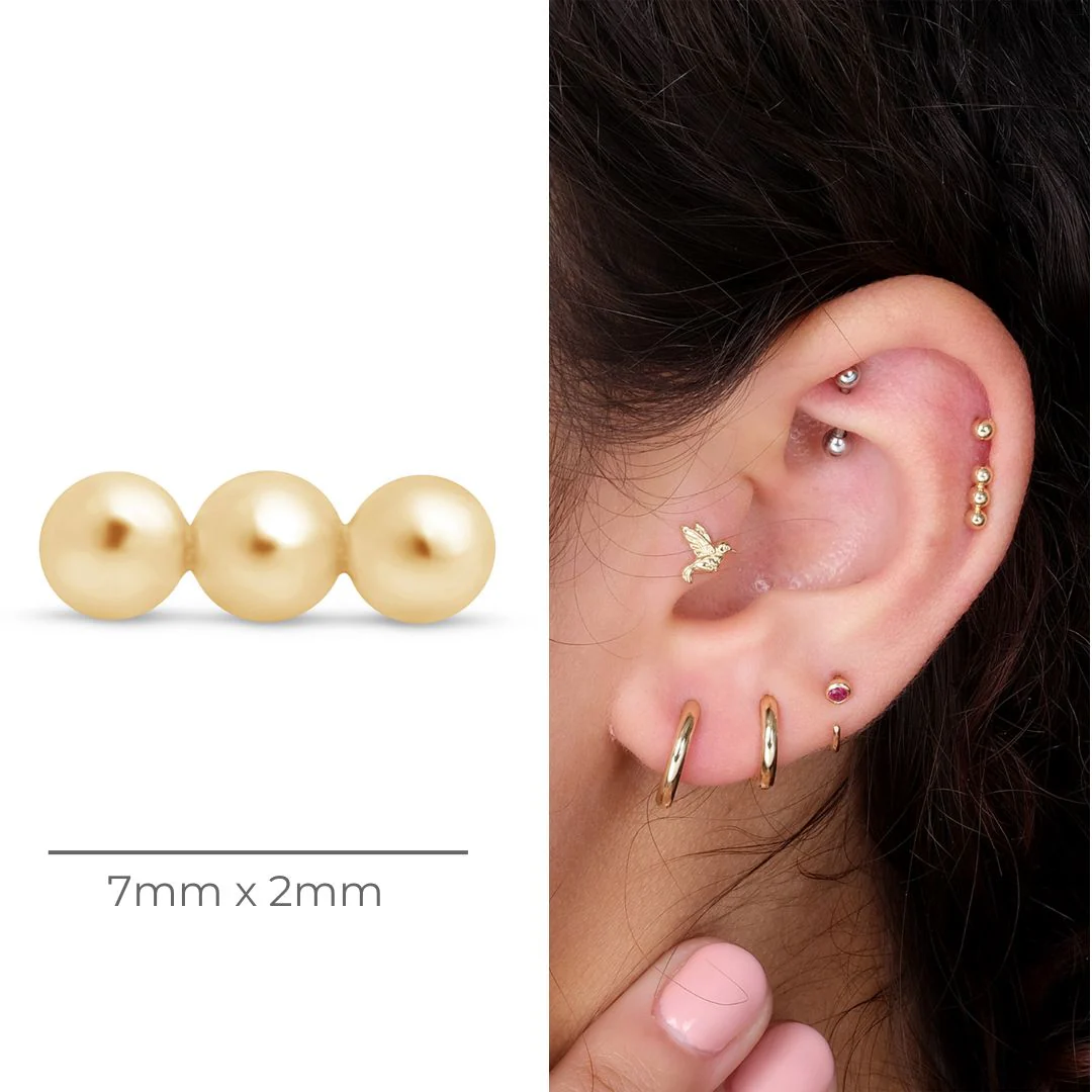 Yellow Gold Three Bead Bar Flat Back Stud Earring - Image 6