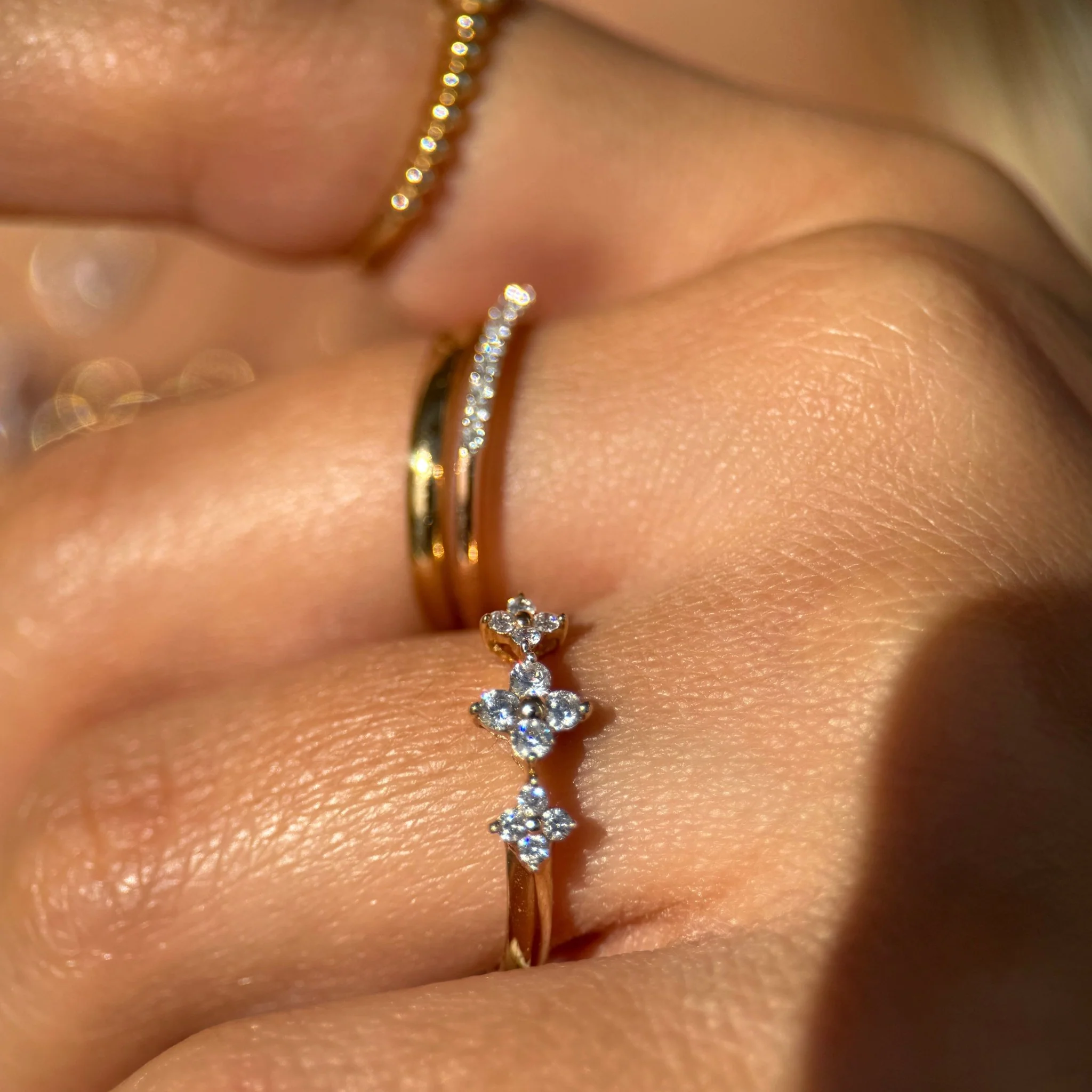 Three Flower Diamond Ring in Solid 14k Yellow Gold - Image 6