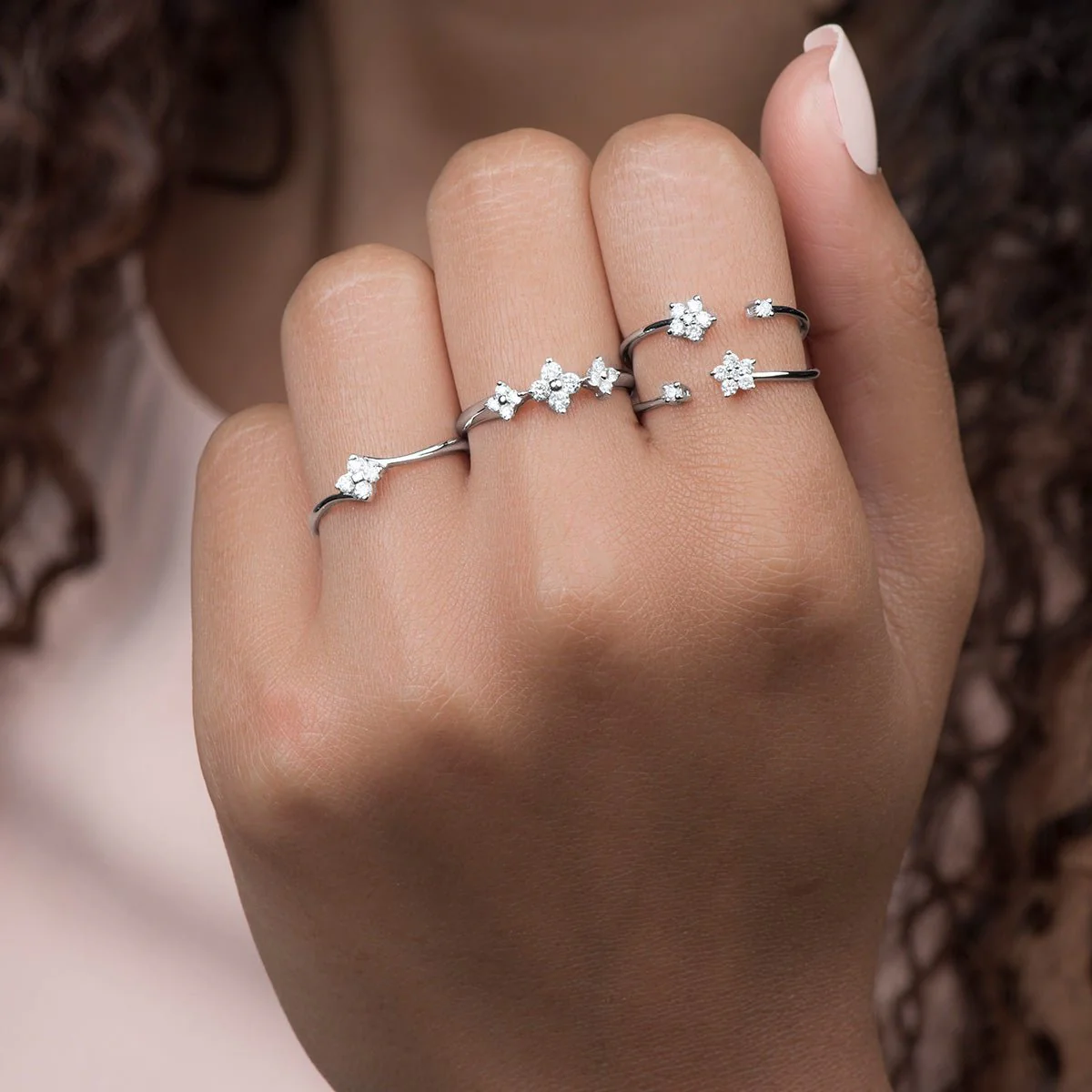 Three Flower Diamond Ring in Solid 14k White Gold - Image 2