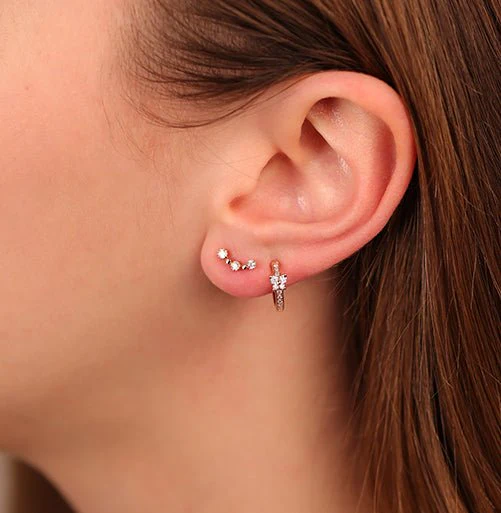 Rose Gold Three Stone Diamond Bezel Ear Climber - Image 2