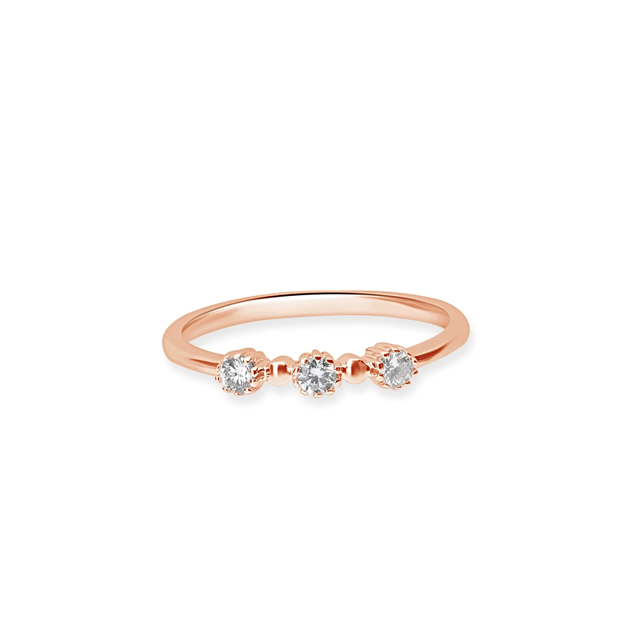 Three Stone Diamond Ring in Solid 14k Rose Gold