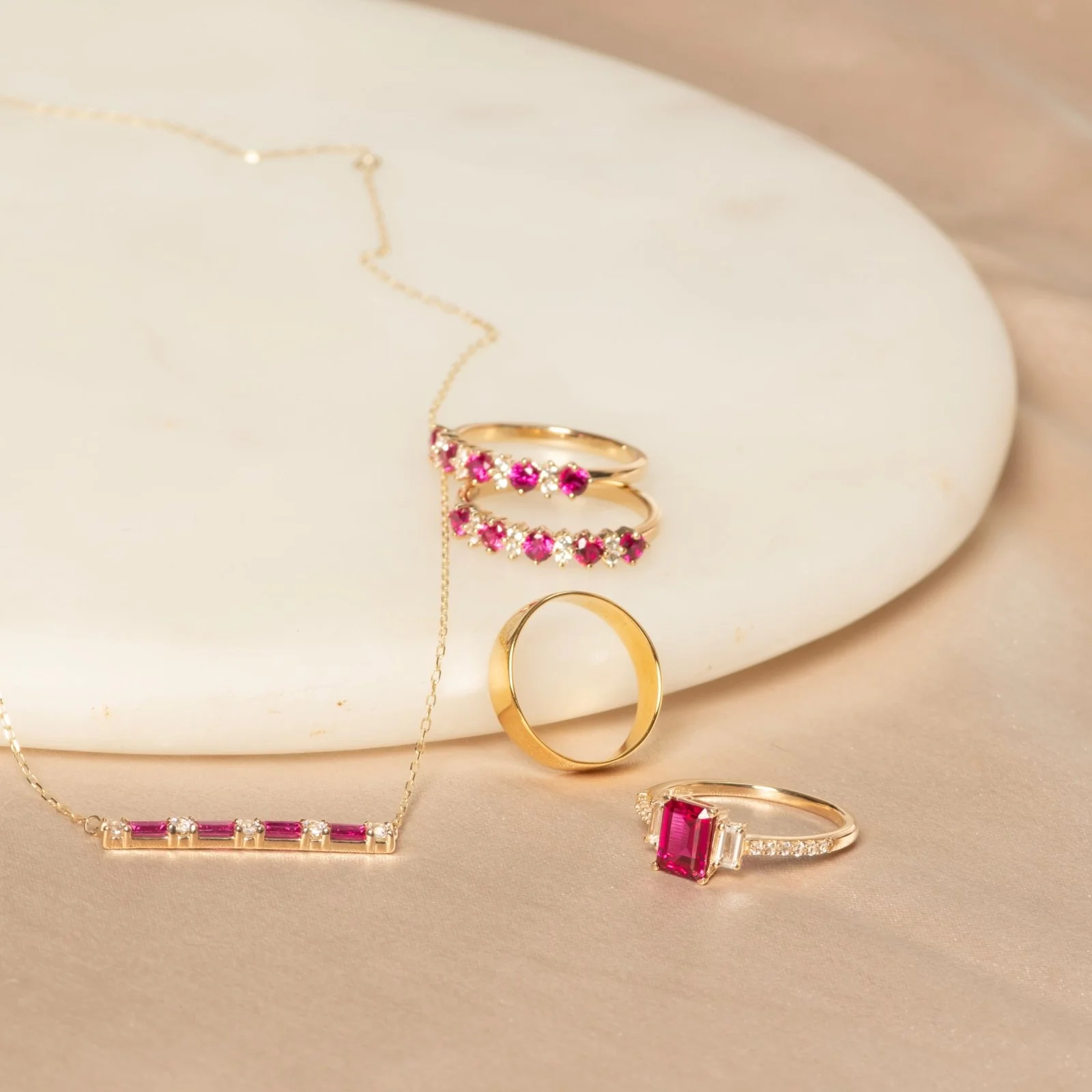 Three Stone Emerald Cut Ruby Ring with White Sapphire Band in Solid 10k Yellow Gold - Image 12
