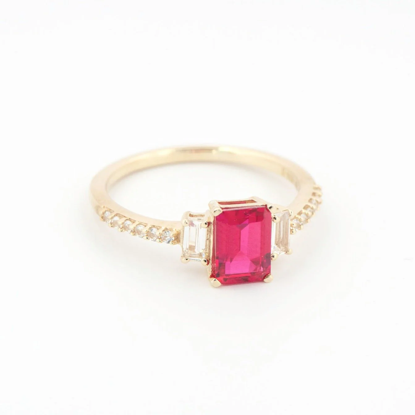 Three Stone Emerald Cut Ruby Ring with White Sapphire Band in Solid 10k Yellow Gold - Image 5