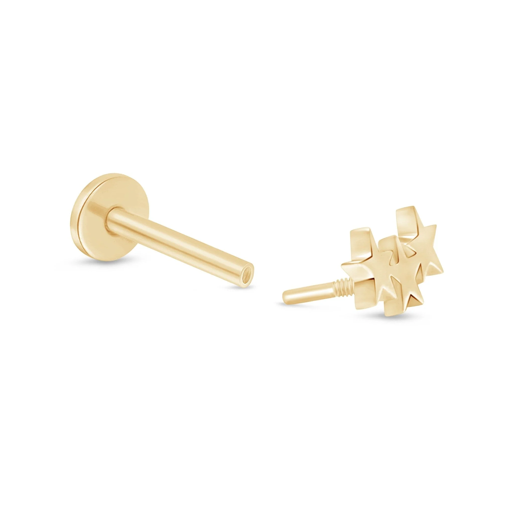 Yellow Gold Three Star Threaded Flat Back Earring - Image 3