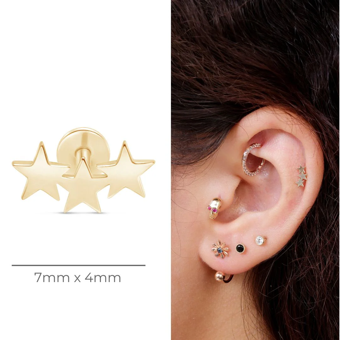 Yellow Gold Three Star Threaded Flat Back Earring - Image 4