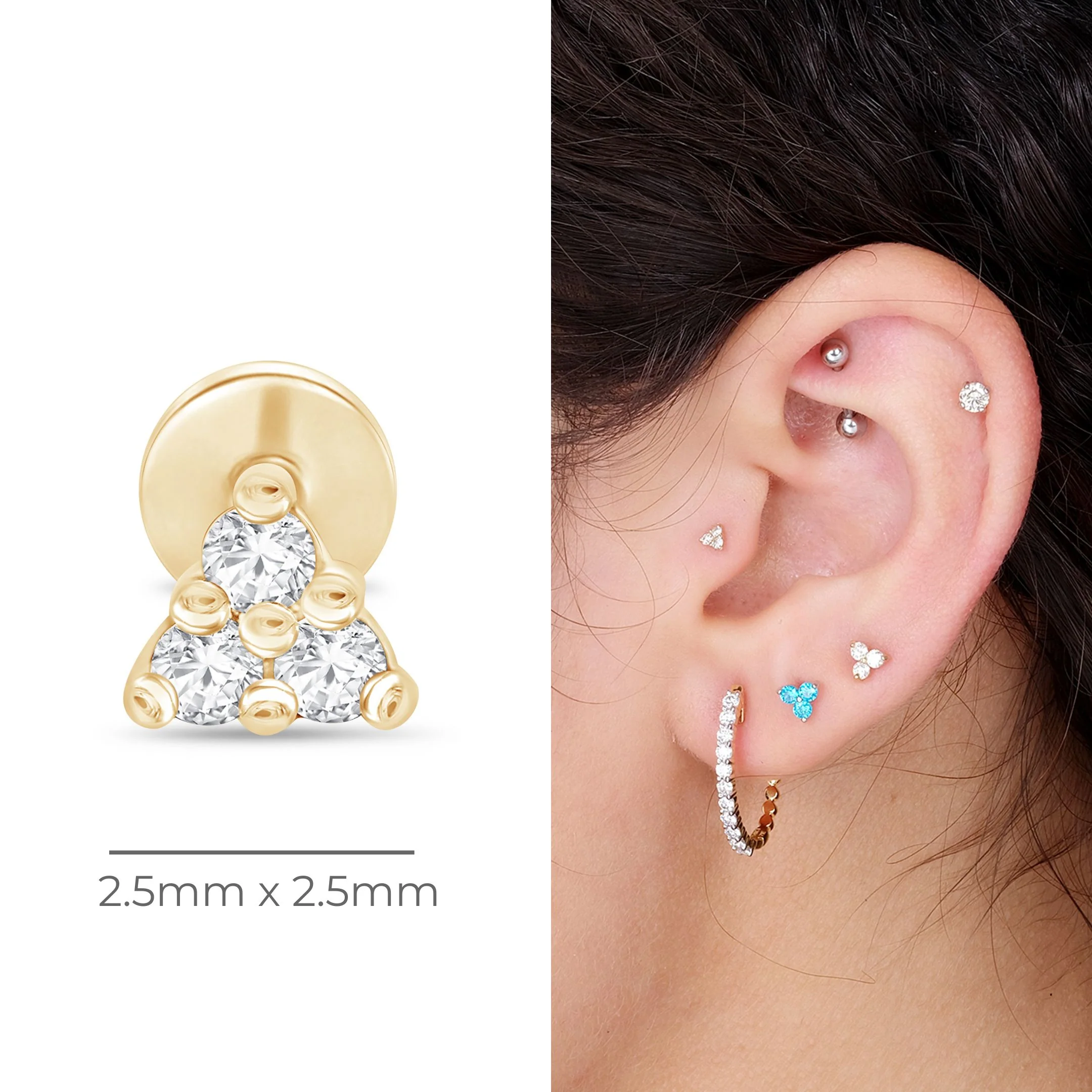 Yellow Gold Small Diamond Trinity Flat Back Earring - Image 9
