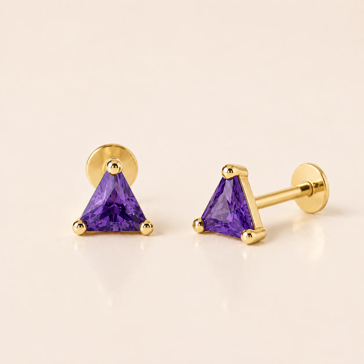 Yellow Gold Triangle Cut Amethyst Flat Back Earring - Image 2