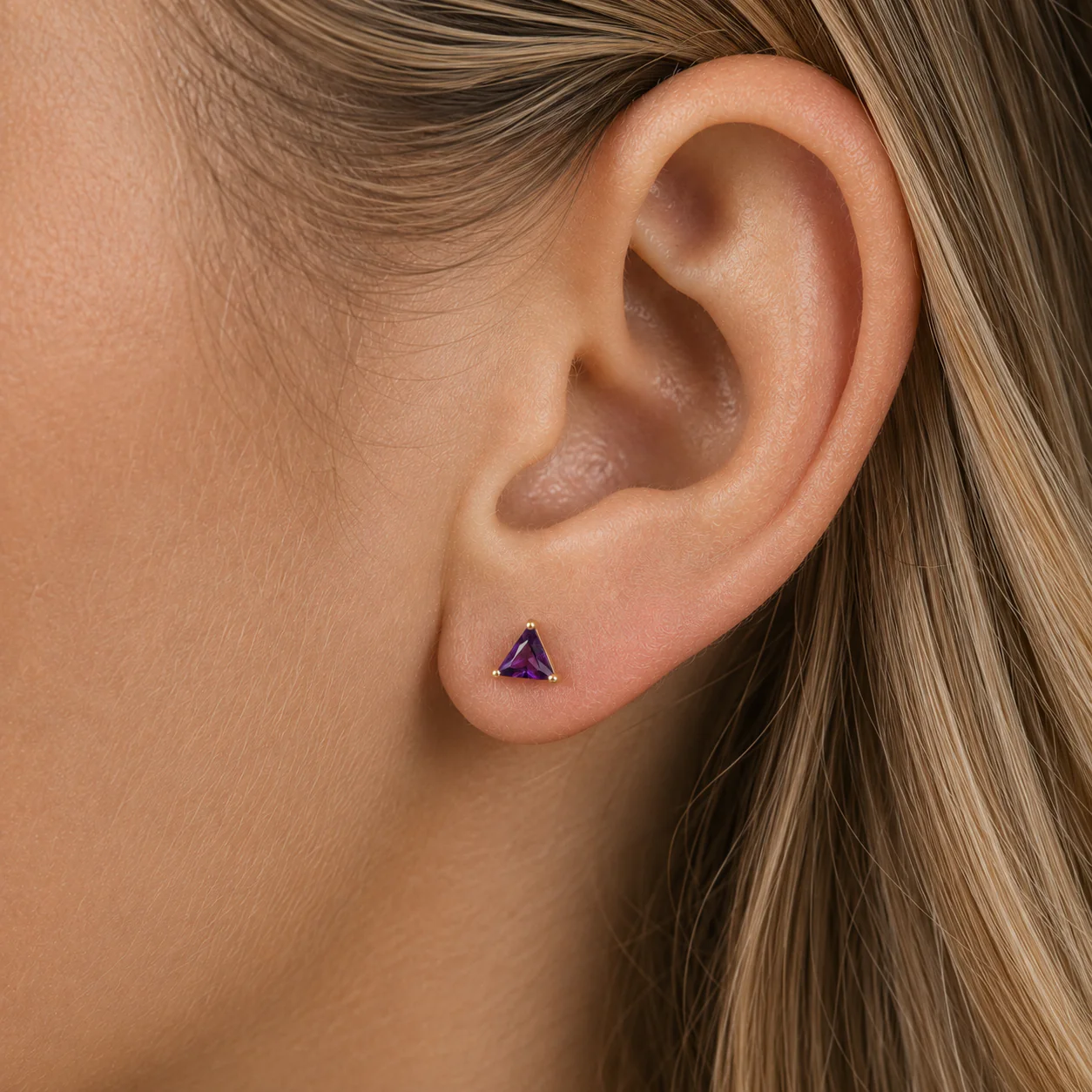 Yellow Gold Triangle Cut Amethyst Flat Back Earring - Image 3